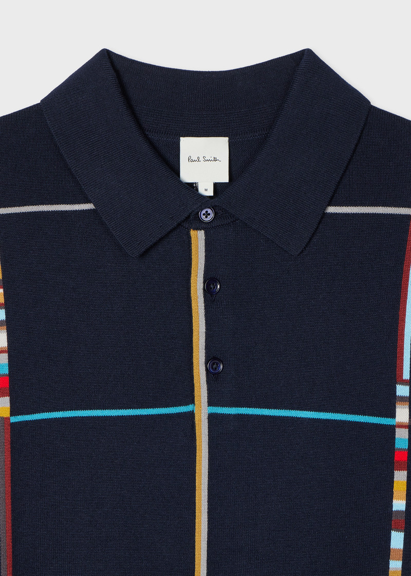 Paul Smith Navy 'Signature Stripe Check' Knitted Cotton Polo Shirt outlook