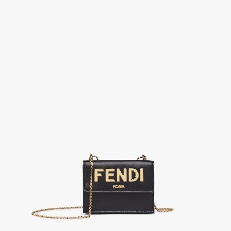 Compact-design tri-fold Fendi Roma wallet with metal chain. Interior features ten card slots, two fl 1