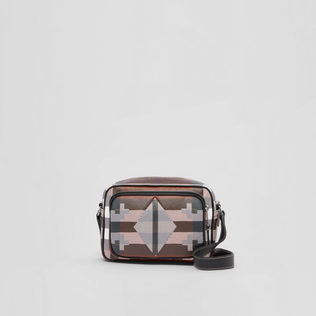 Geometric Check and Leather Crossbody Bag - 1