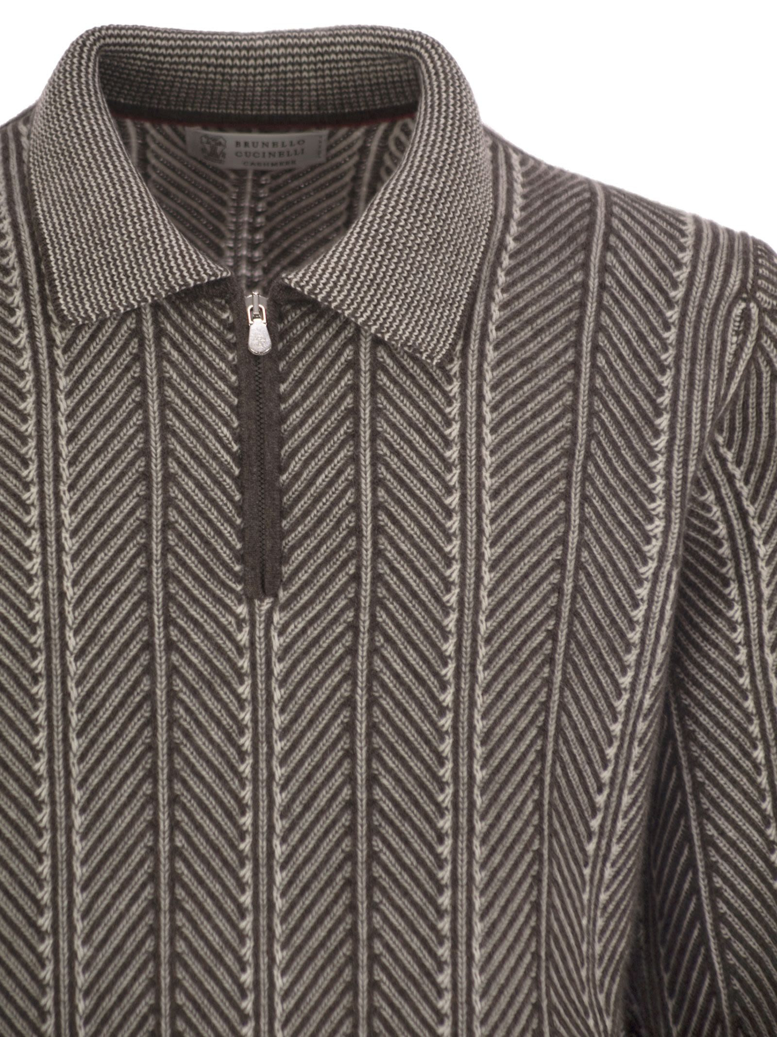 Brunello Cucinelli Men Vanisé Chevron Cashmere Sweater With Polo Neck And Zip Opening - 4