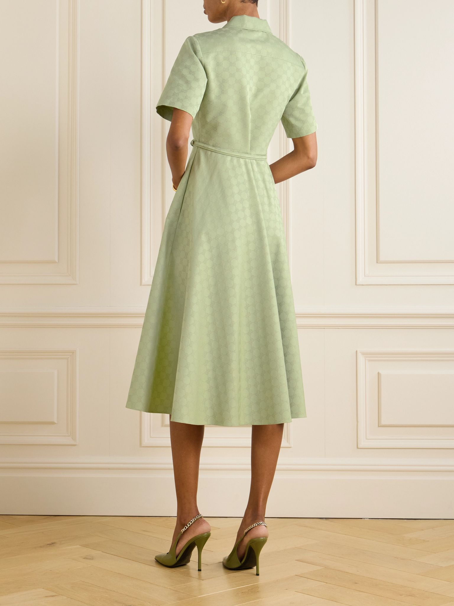Belted gabardine-jacquard midi shirt dress Green - 3