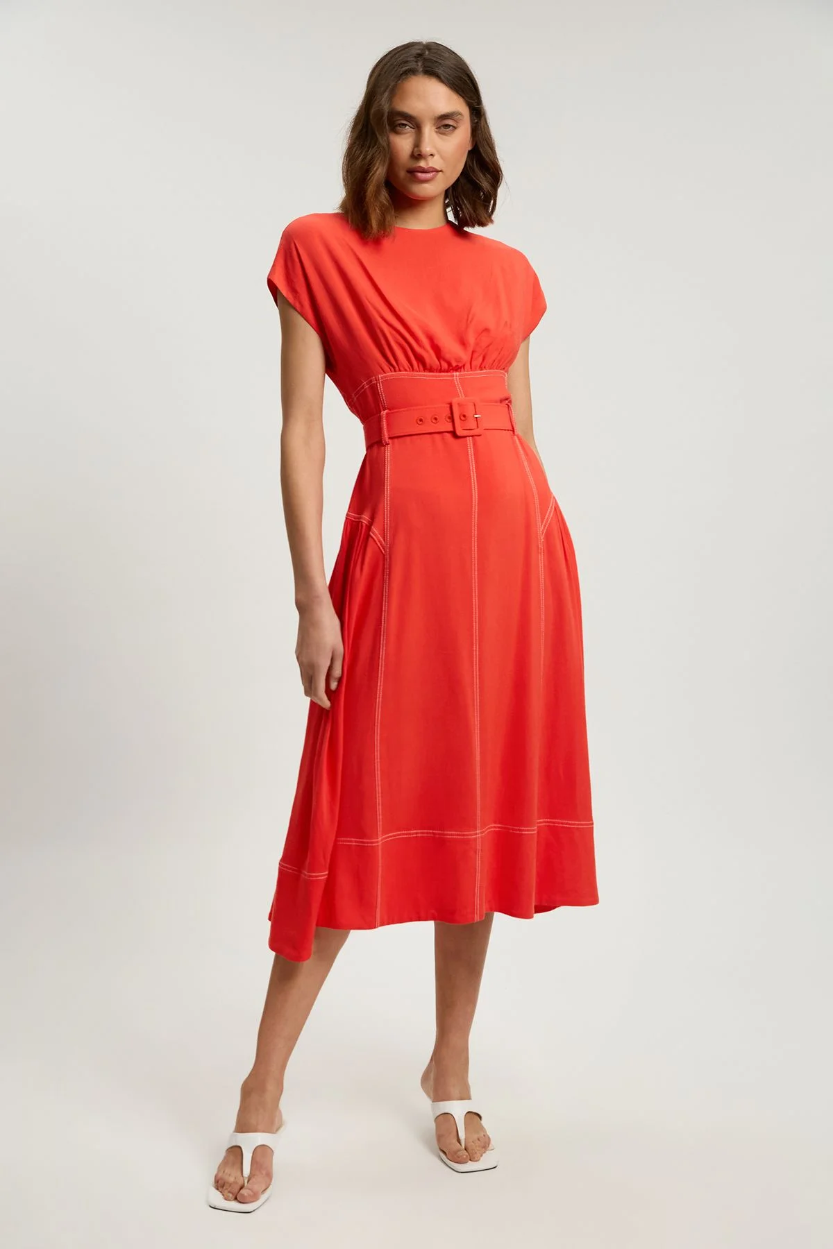 Contrast Topstitch Belted Midi Dress - 1