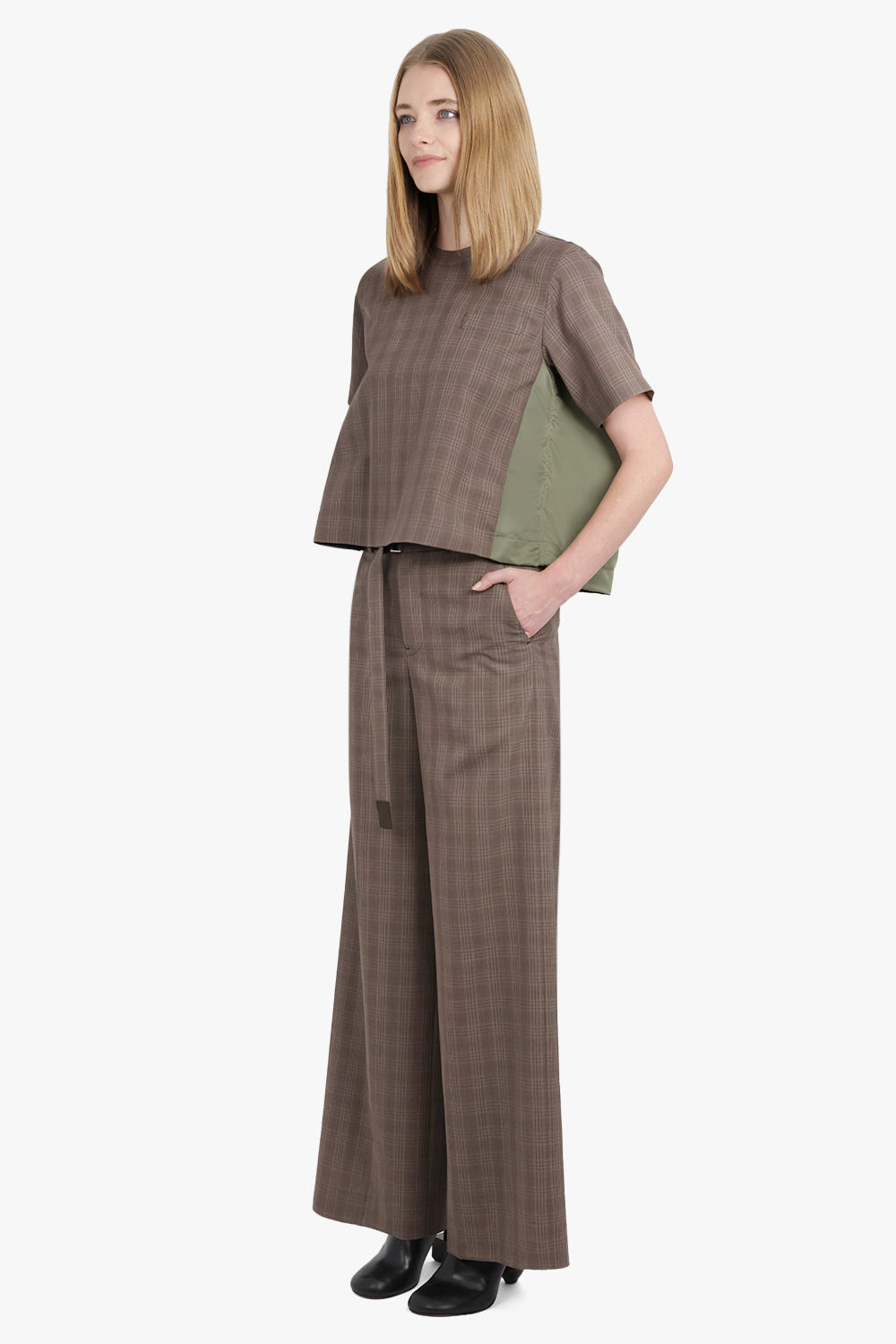 HIGH WAISTED STRAIGHT LEG CHECK PANT | BROWN - 7