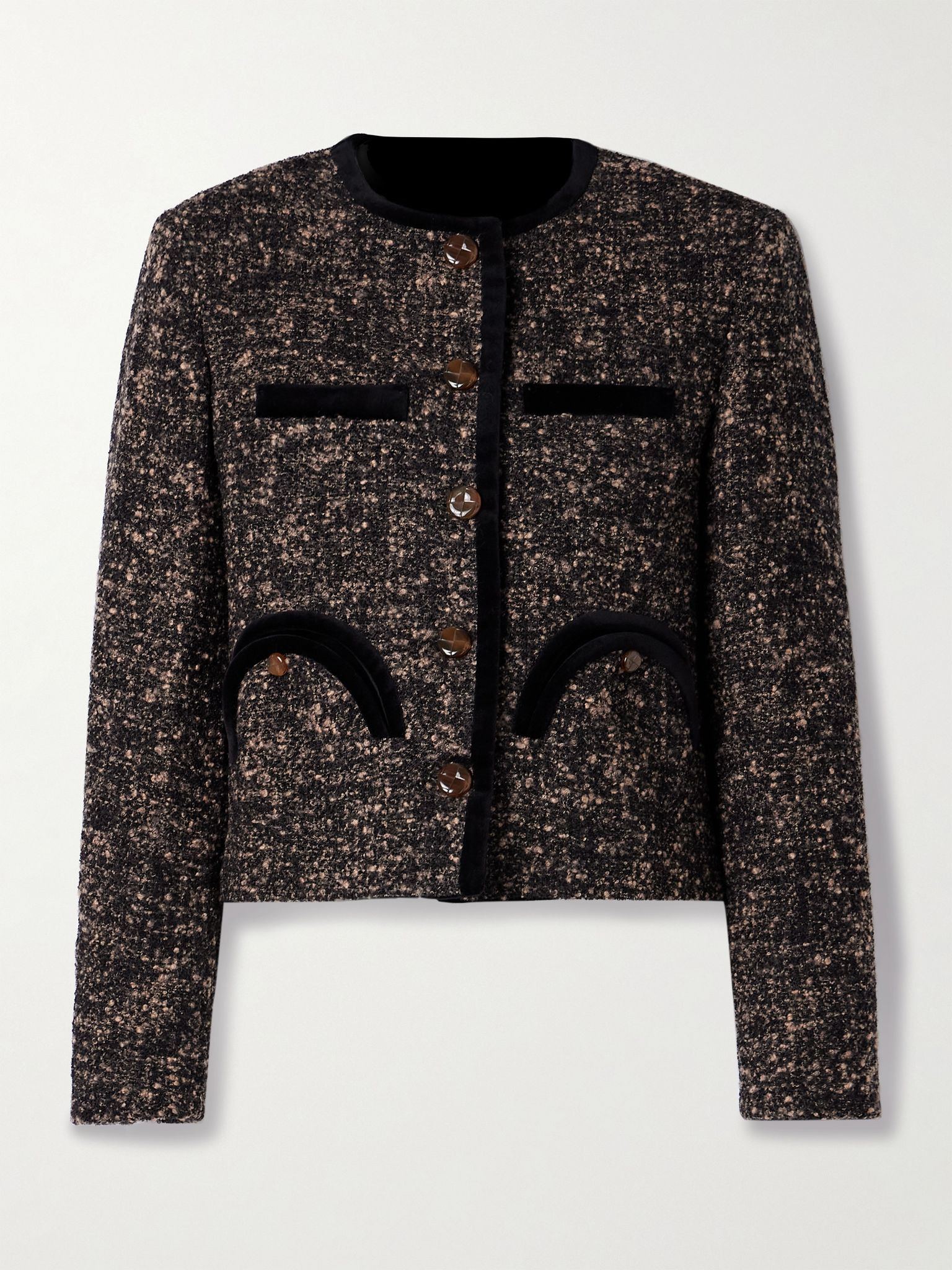 Katara Shamo velvet-trimmed bouclé-tweed jacket Brown - 1