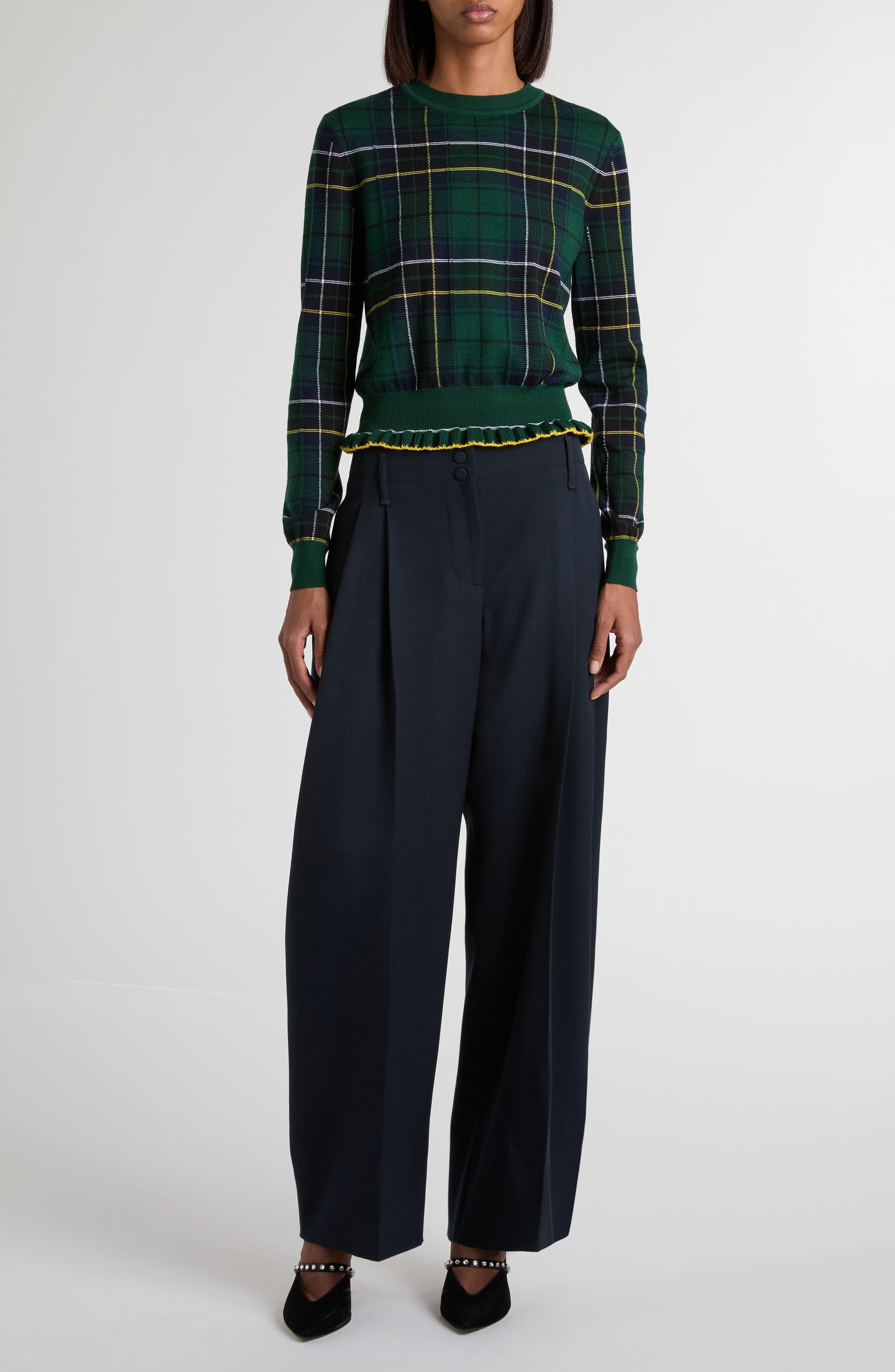 McQueen Check Peplum Wool Sweater in Green/Blue/Yellow at Nordstrom - 2