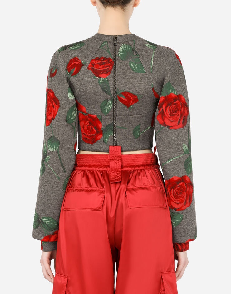 Technical jersey sweatshirt with flocked rose print and bustier details - 2