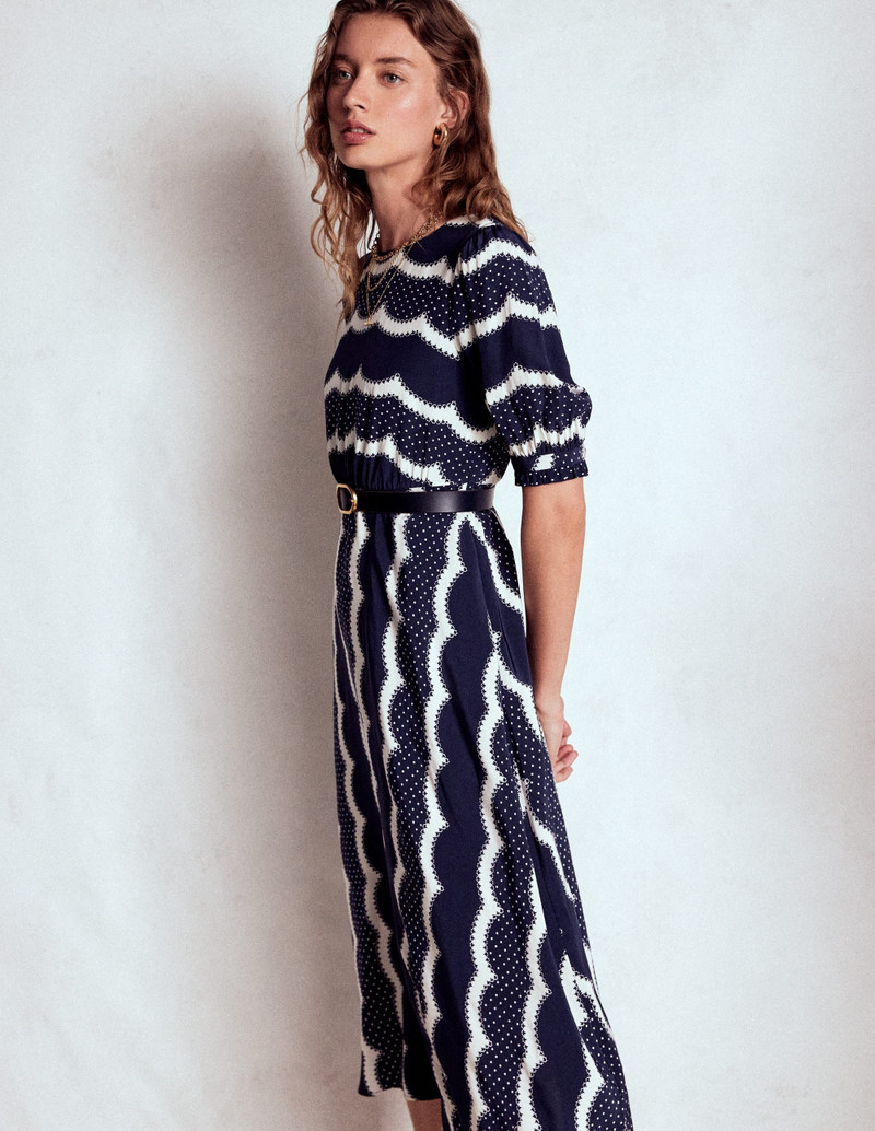 Blanca Midi Tea Dress-French Navy, Dainty Scallop 7
