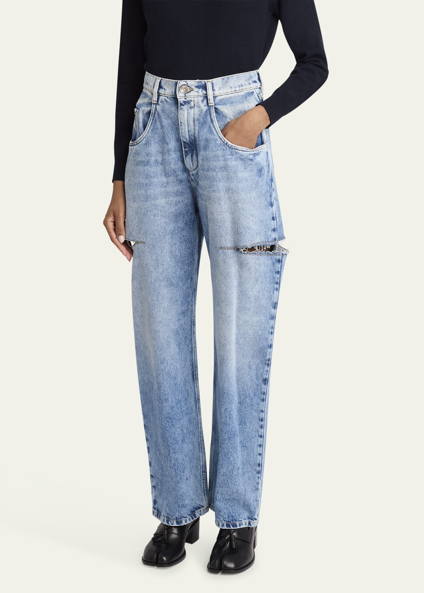 Slash-Sides Wide-Leg Denim Pants - 4