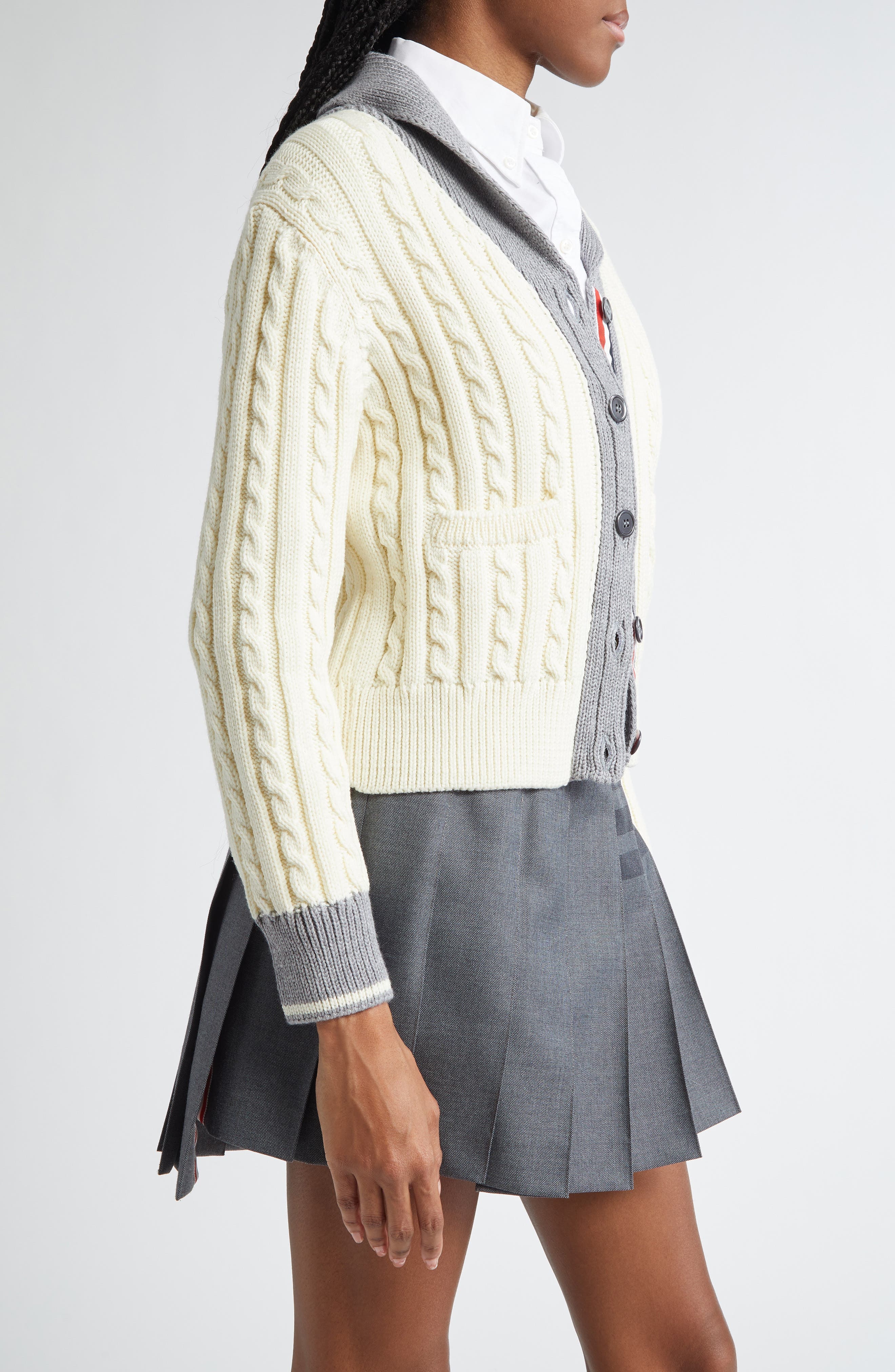 Thom Browne 4-Bar Cable Knit Virgin Wool Shawl Cardigan in White at Nordstrom - 4