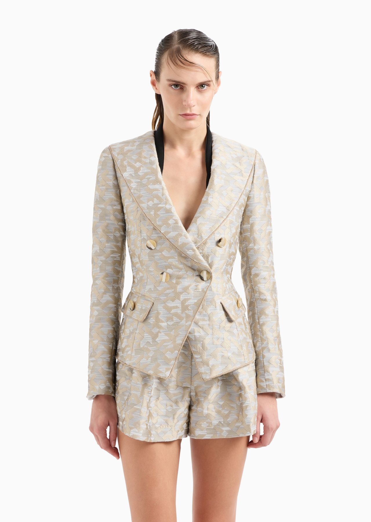 Double-breasted shawl-collar jacket in jacquard with a deconstructed geometric design - 2