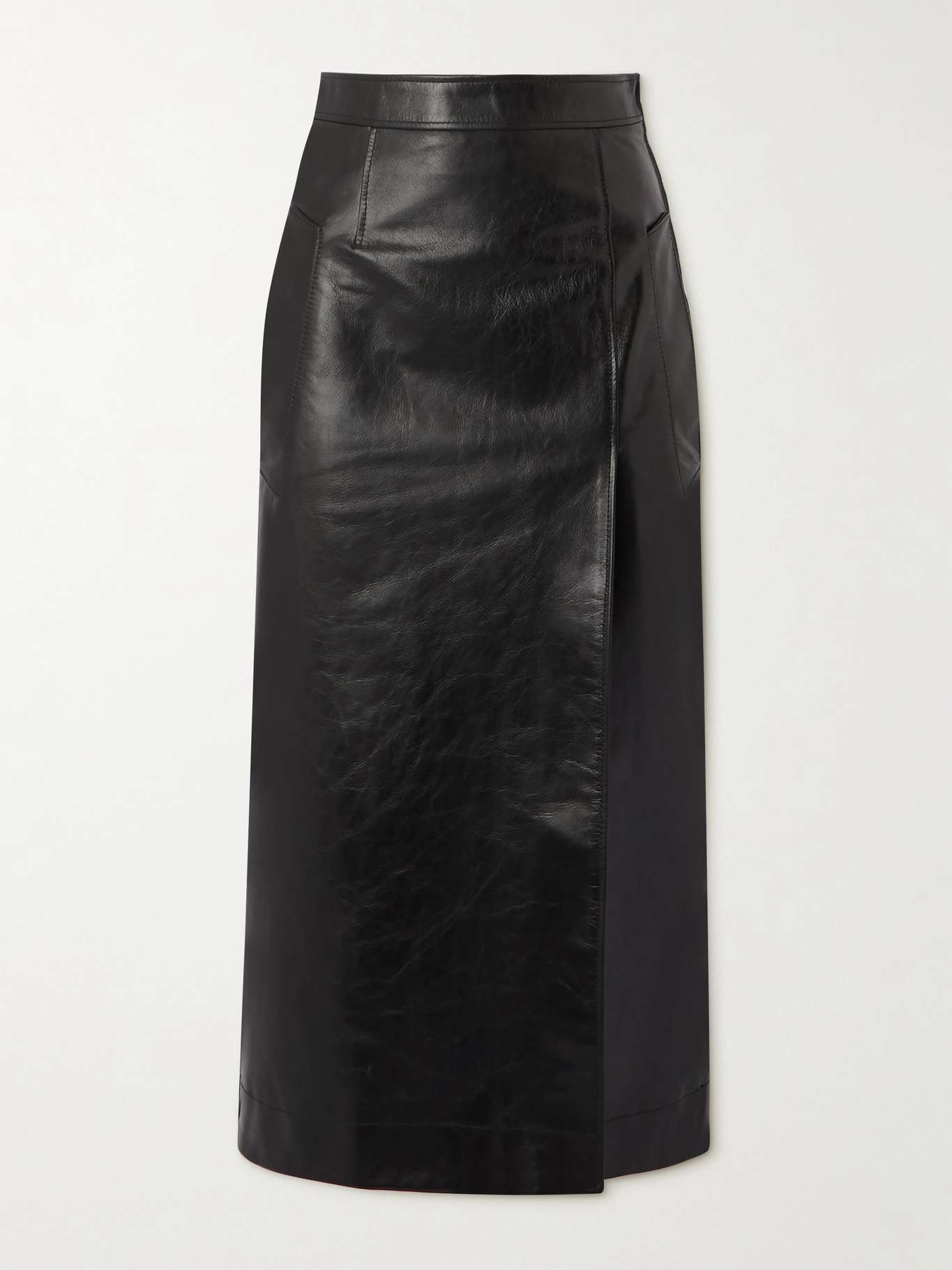 Wrap-effect chain-embellished paneled leather midi skirt - 1