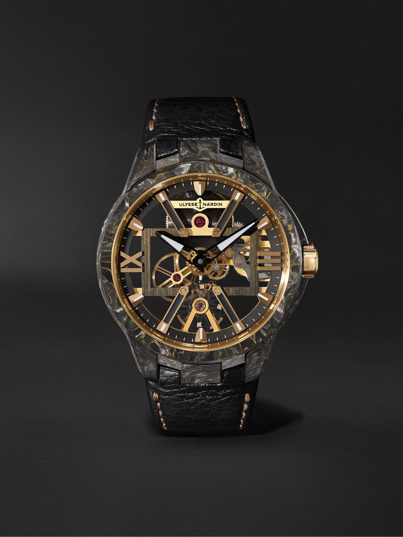 Skeleton X Hand-Wound 43mm Carbonium Gold and Full-Grain Leather Watch - 1