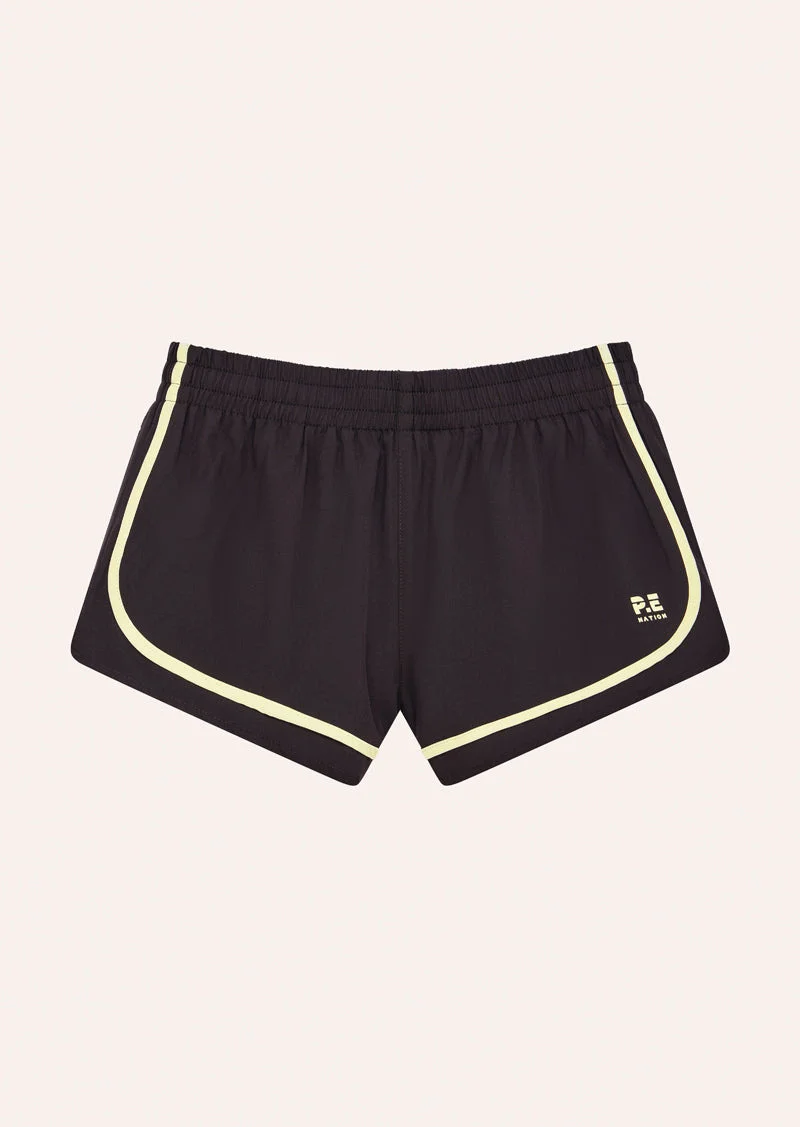 STRIDE RUNNING SHORT IN BLACK BEAN & SOFT YELLOW - 1