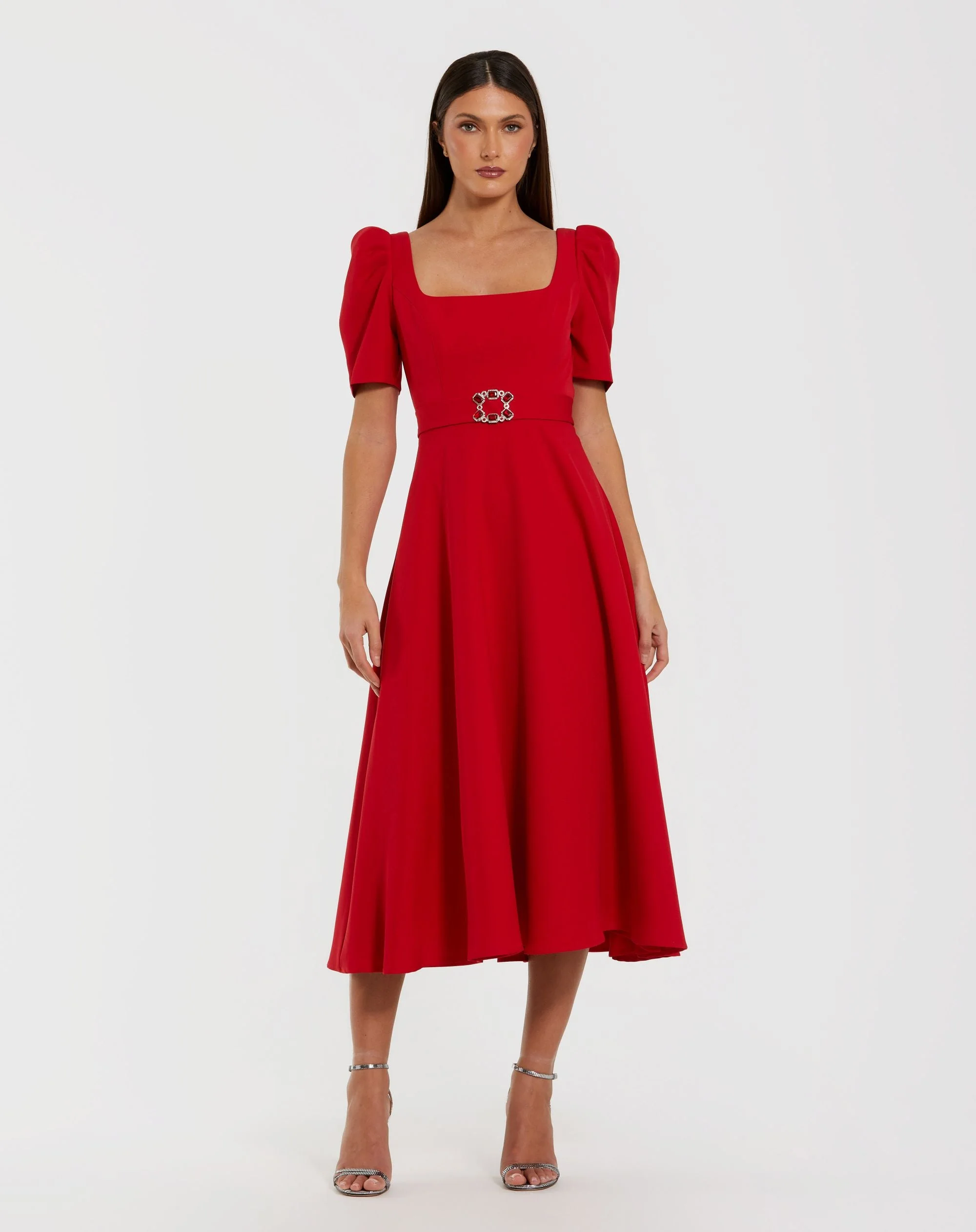 Red Square Neck Short Sleeve Midi Dress With Belt - 1