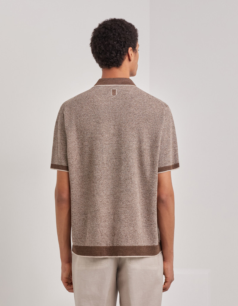 BROWN LINEN AND SILK JACQUARD POLO SHIRT WITH CONTRASTING COLLAR 4