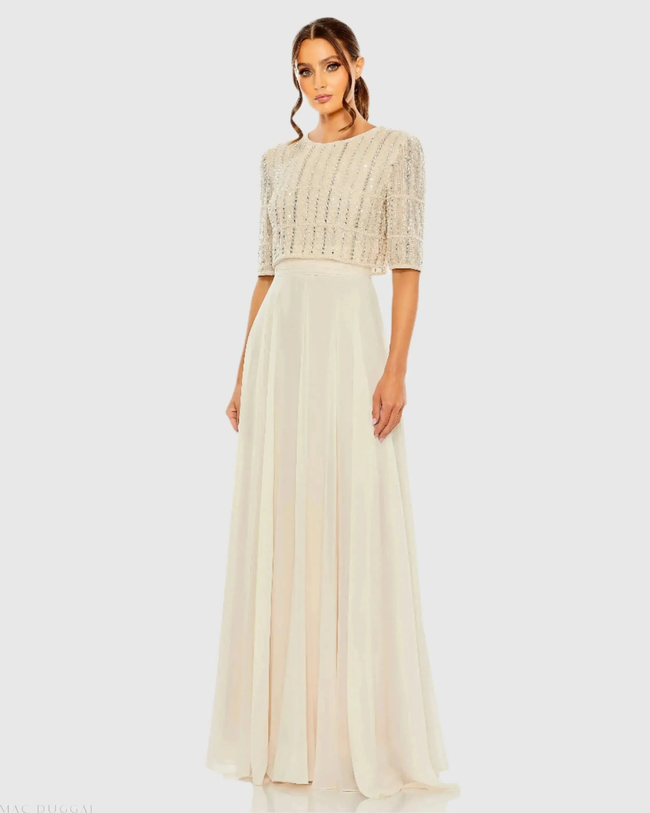 Beige Chiffon Gown w/ Fully Beaded 3/4 Sleeve Top - 1