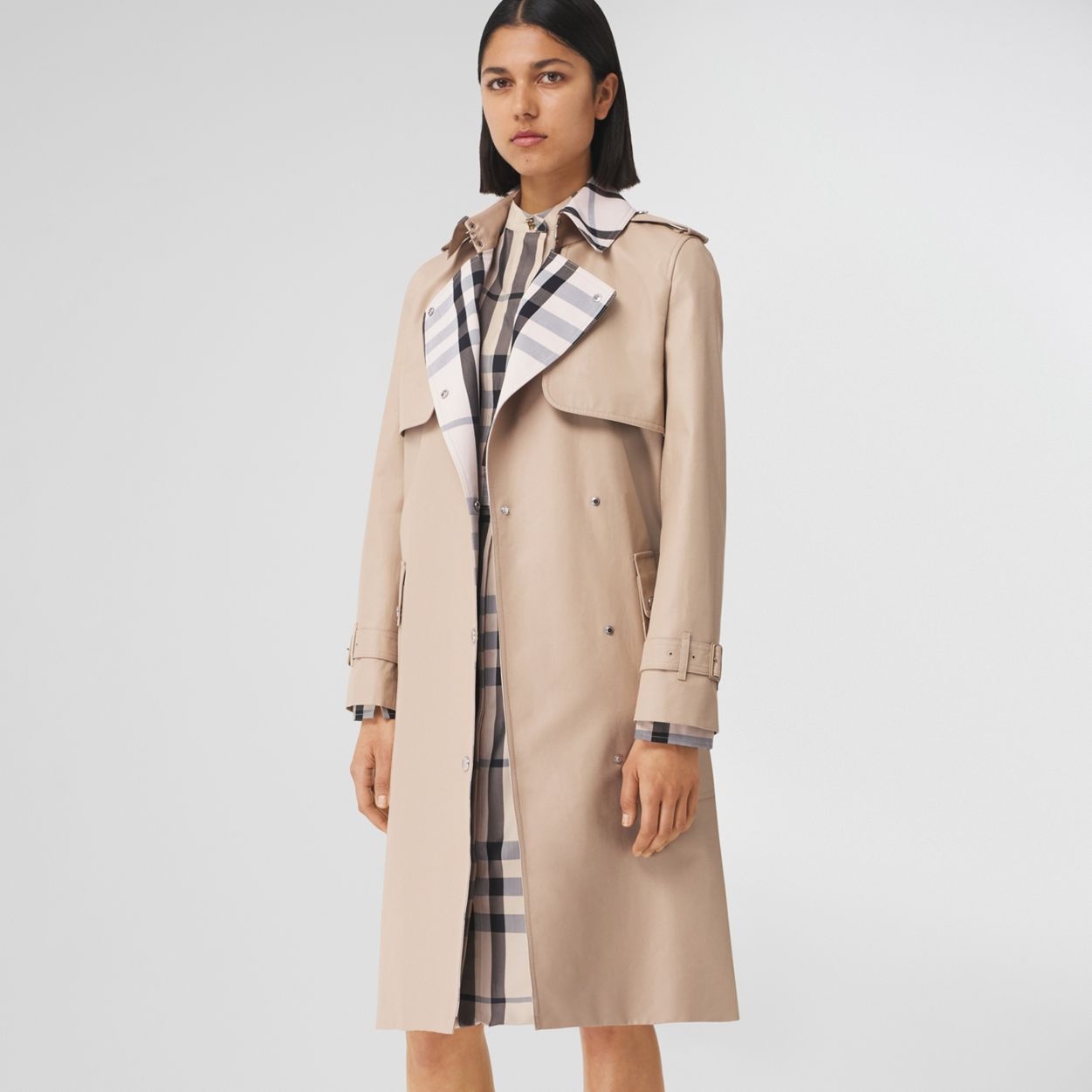 Check Panel Cotton Gabardine Trench Coat - 7