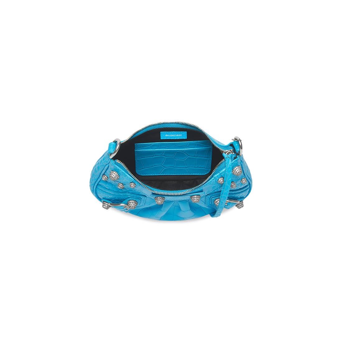 Women's Le Cagole Mini Purse With Chain Crocodile Embossed With Rhinestones in Blue - 5