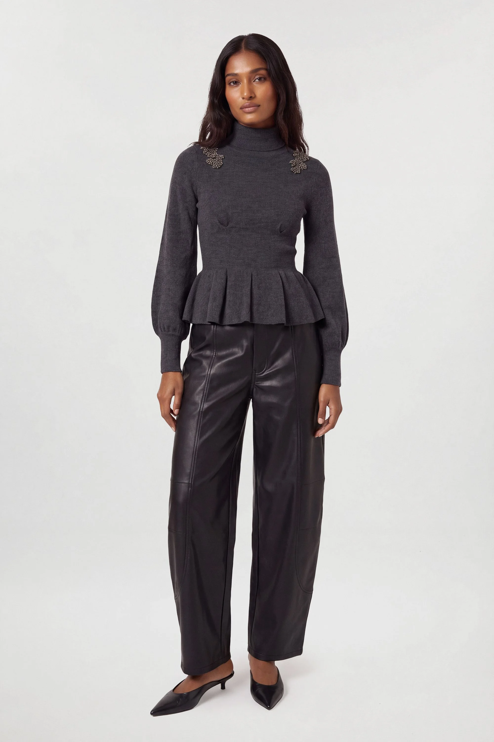 Embellished Knitted Peplum Turtleneck Top - 1