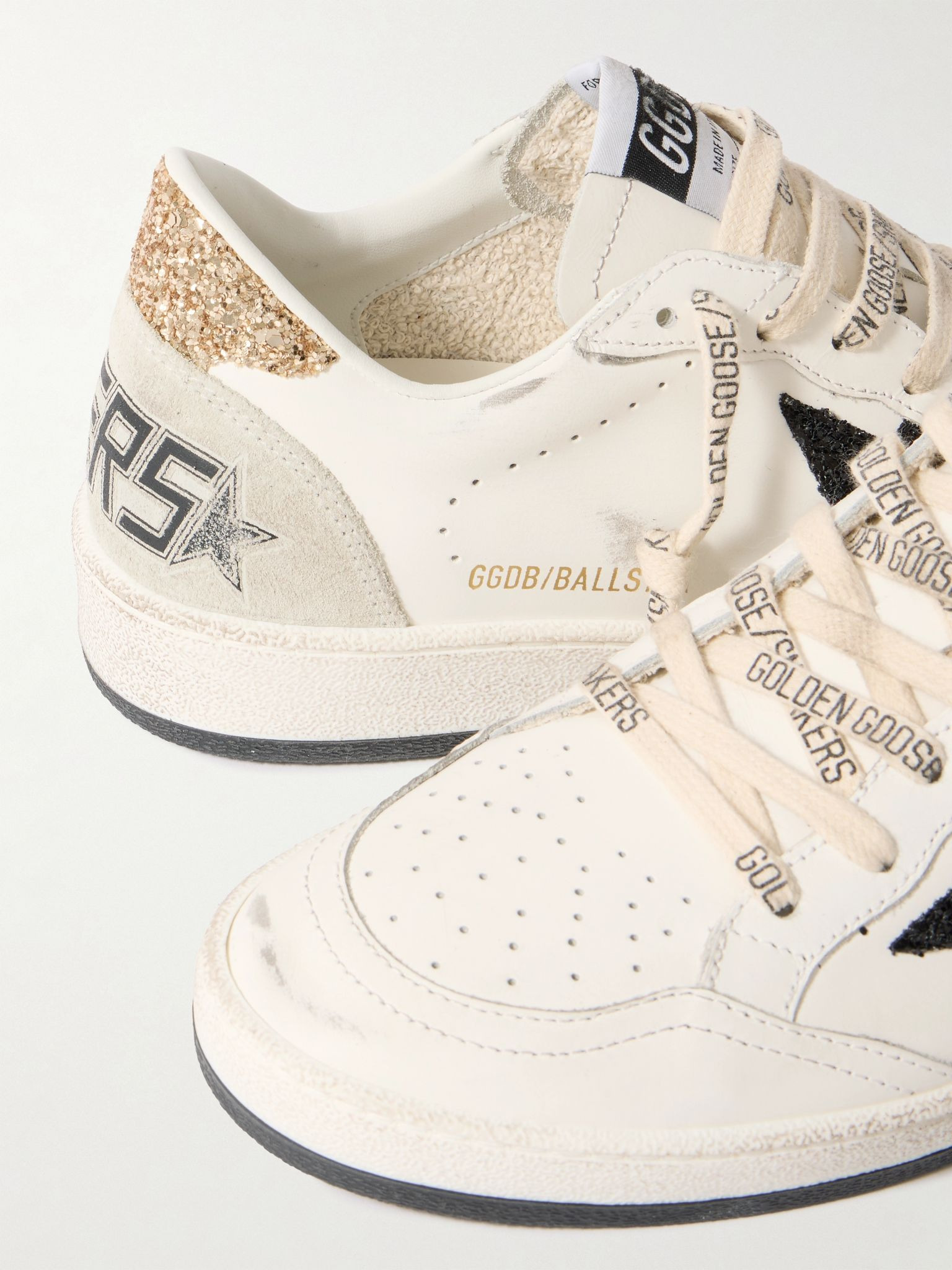 Ball Star distressed glittered suede-trimmed leather sneakers White - 4