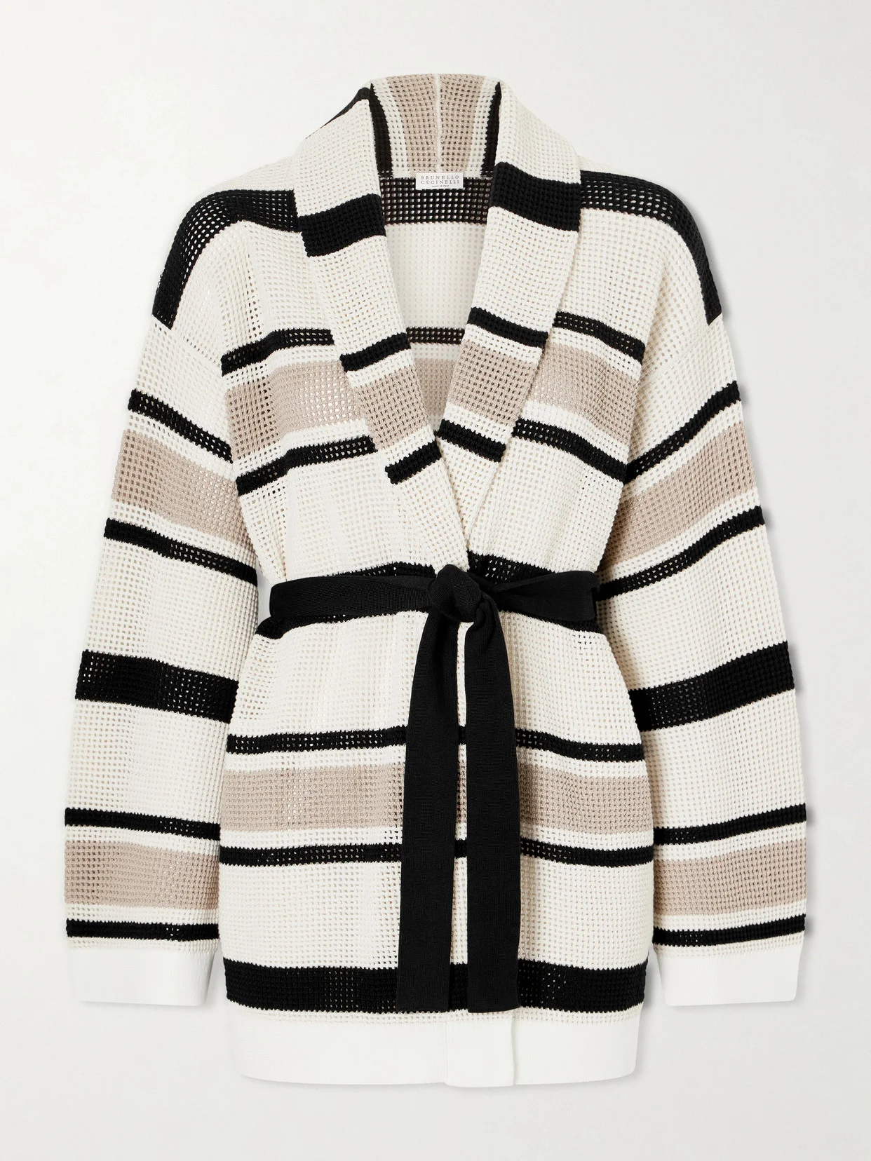 Belted Open-knit Striped Cotton Cardigan - 1