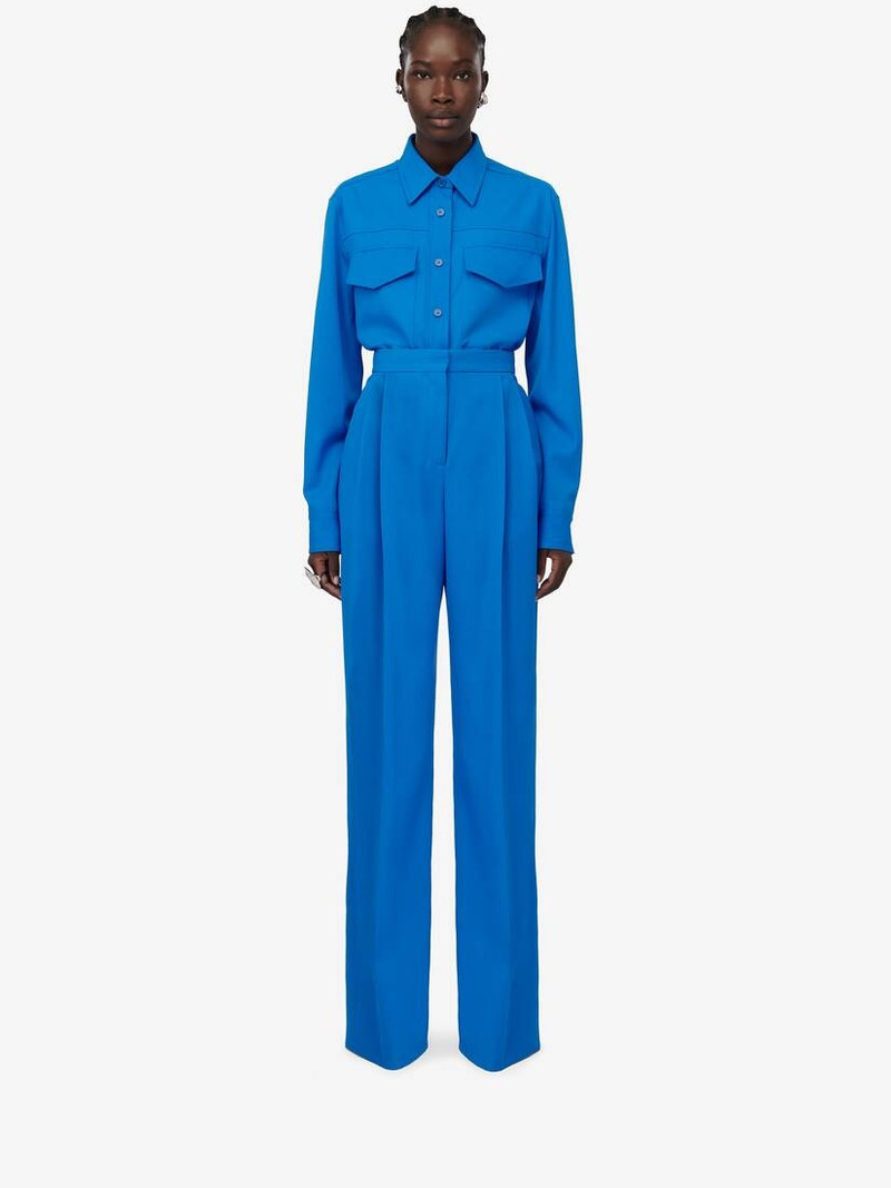 Alexander McQueen Women's Double Pleat Wide Leg Trousers in Lapis Blue outlook