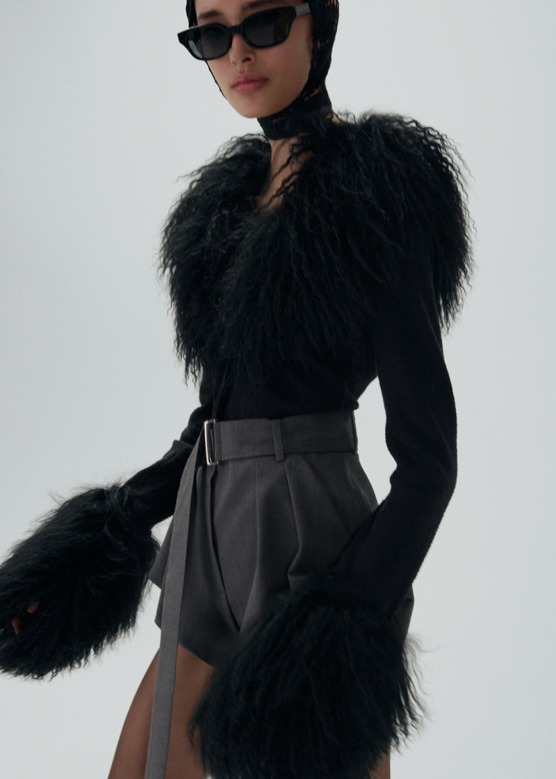 Shag shearling cropped cardigan in black 4