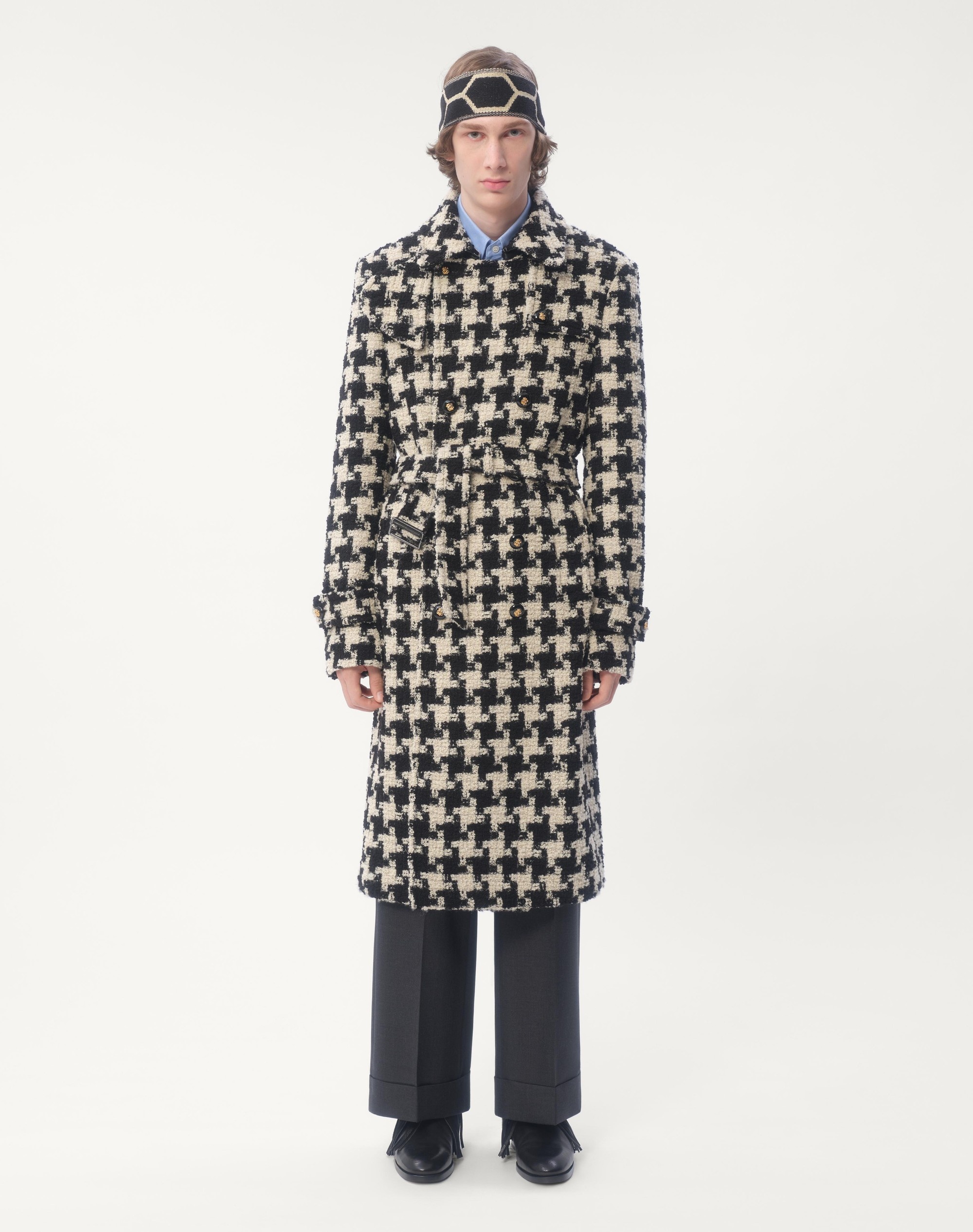 DOUBLE-BREASTED WOOL TRENCH COAT WITH PIED DE COQUE PATTERN - 7