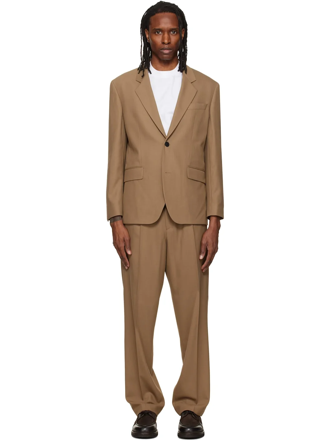 Beige Two-Piece Modern-Fit Stretch Twill Suit - 1