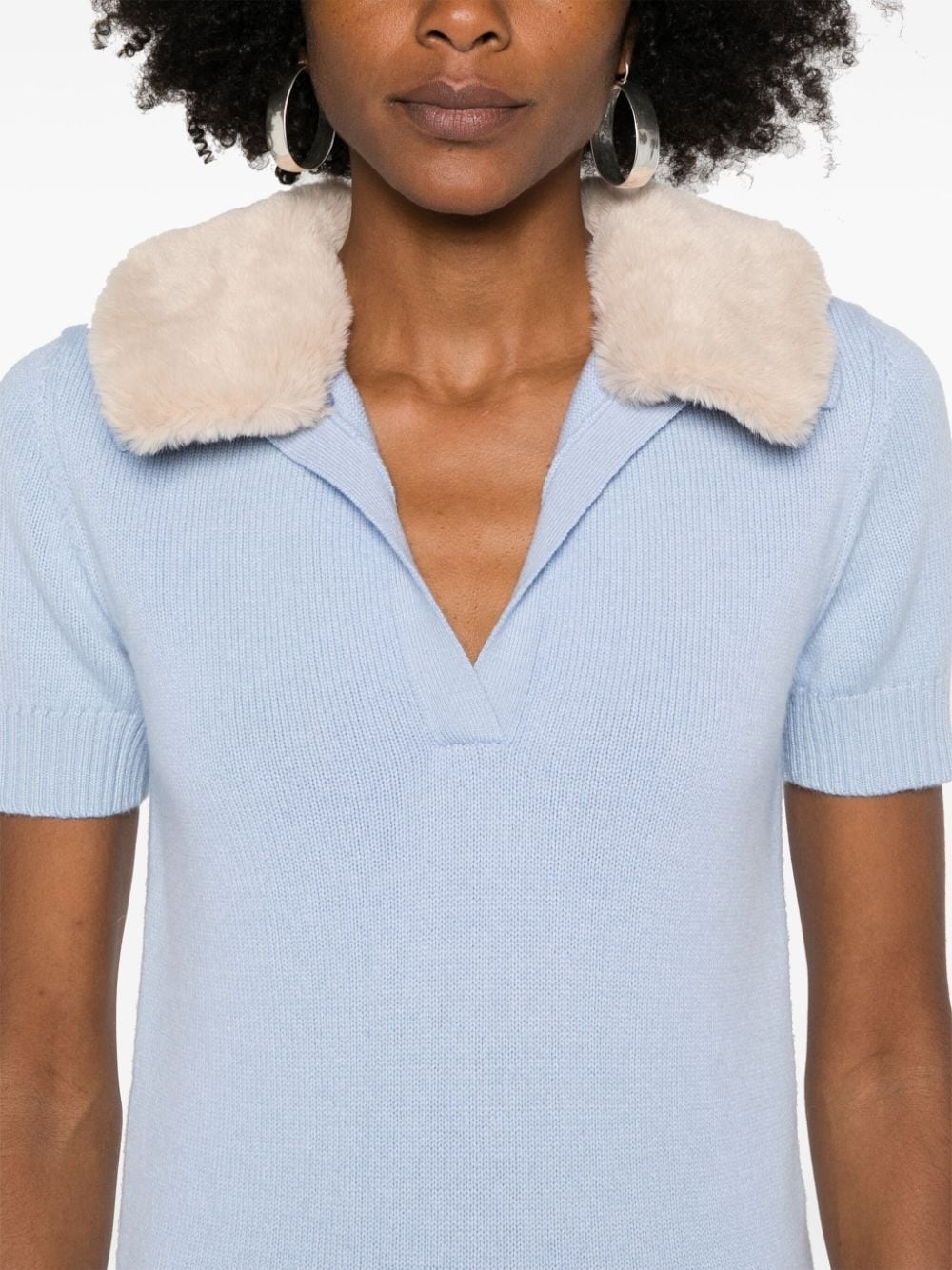 faux-fur collar polo top - 5