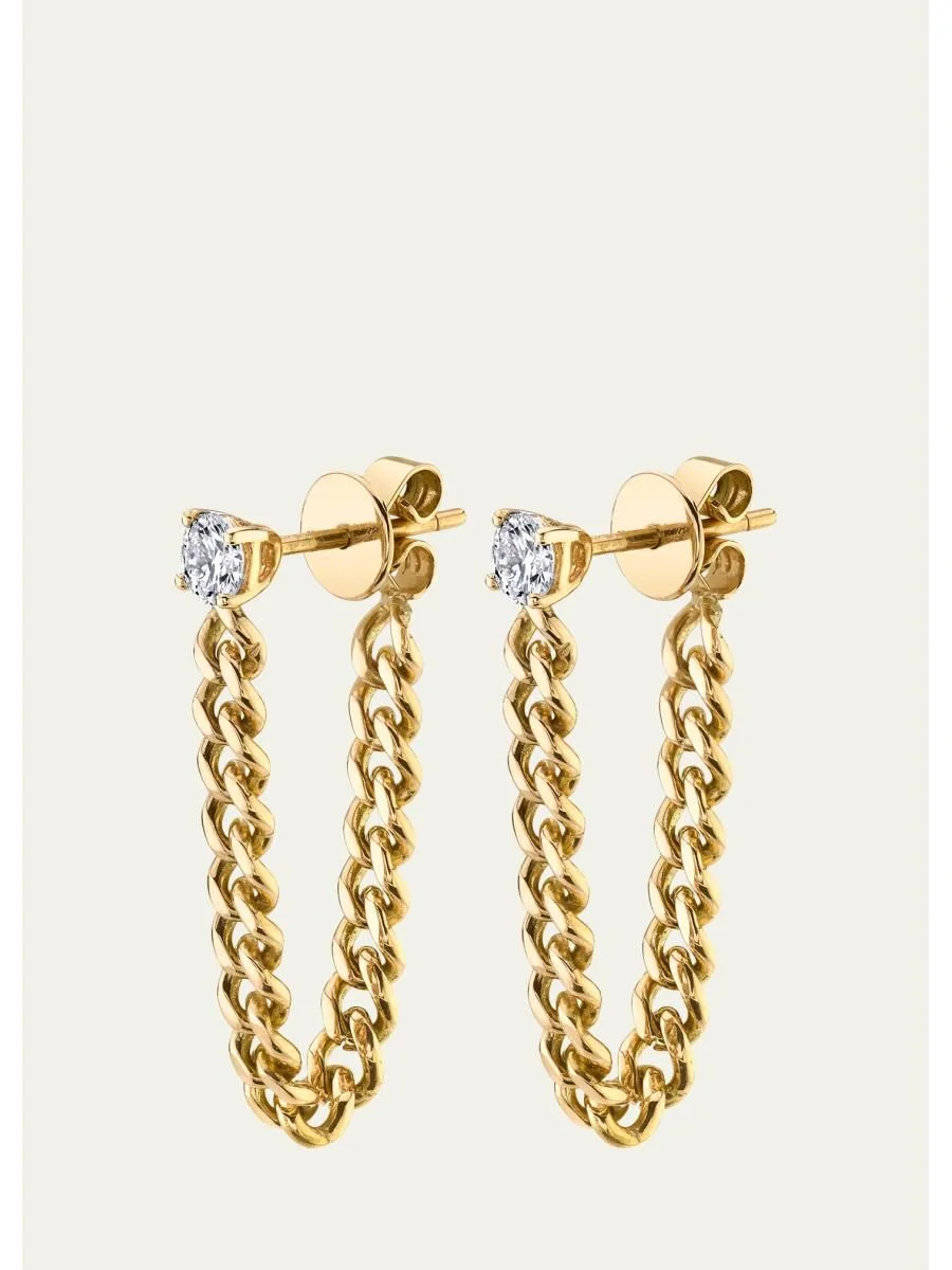 18K Yellow Gold Round Diamond Cuban Link Loop Earrings - 1