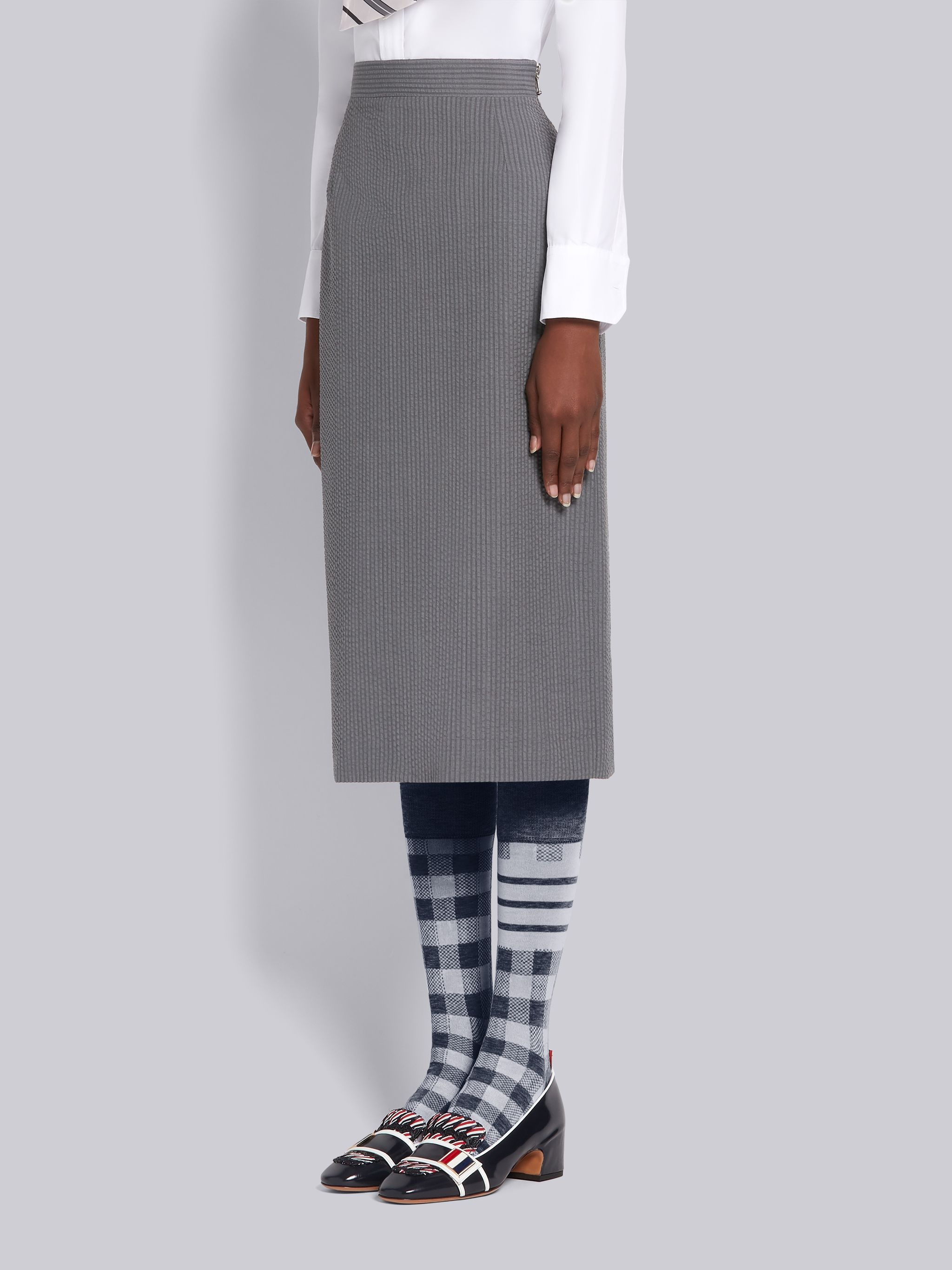 Light Grey Wool Seersucker Pencil Skirt - 2