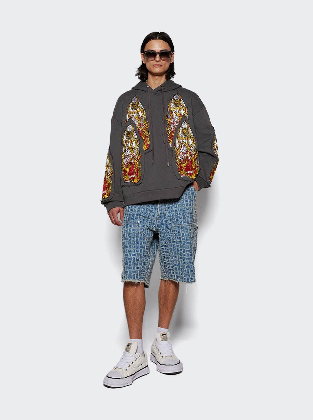 Flame Glass Embroidered Hoodie Vintage Grey - 5