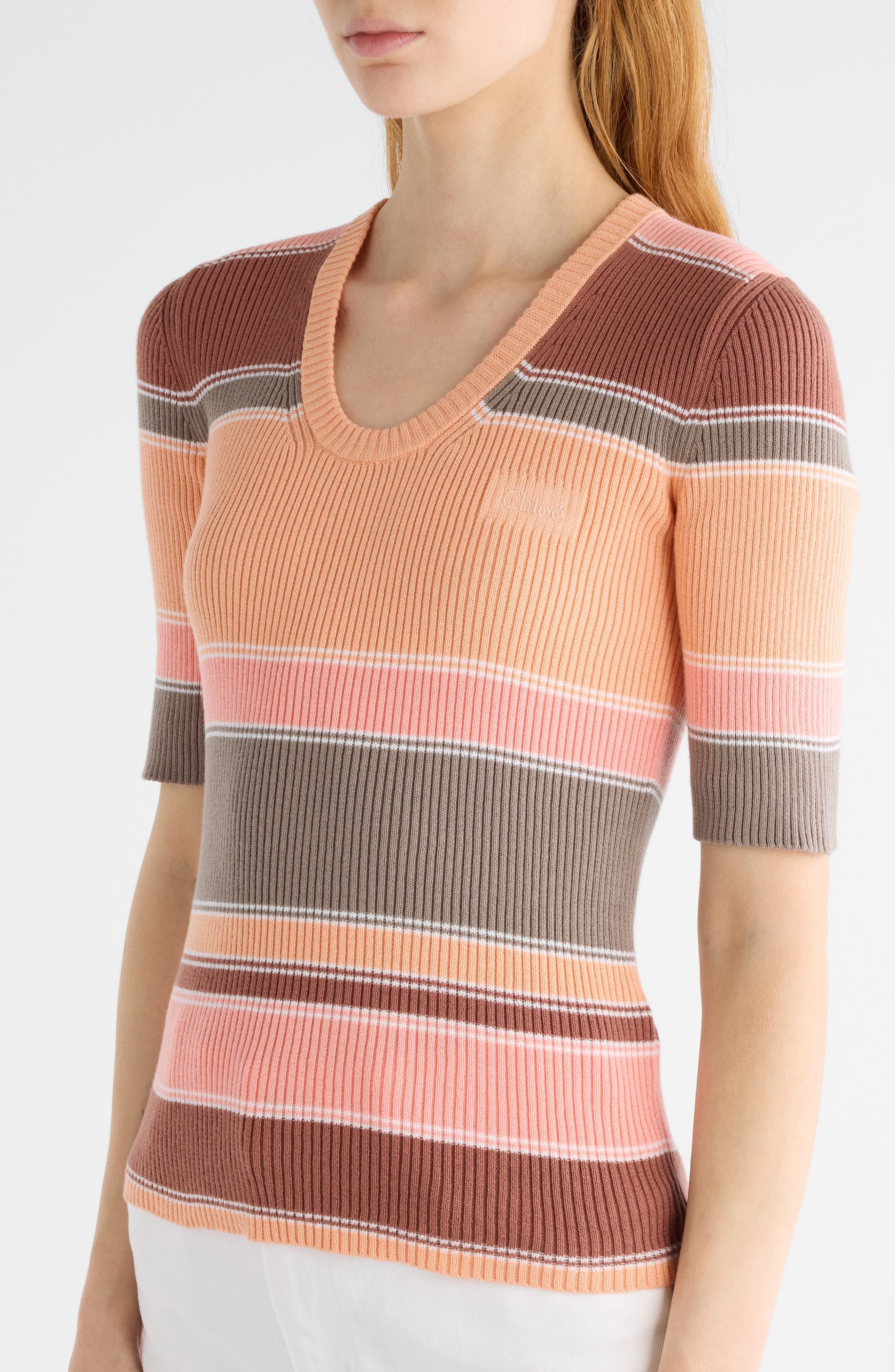 Chloé Stripe Cotton Rib Top in Orange Multi at Nordstrom - 5