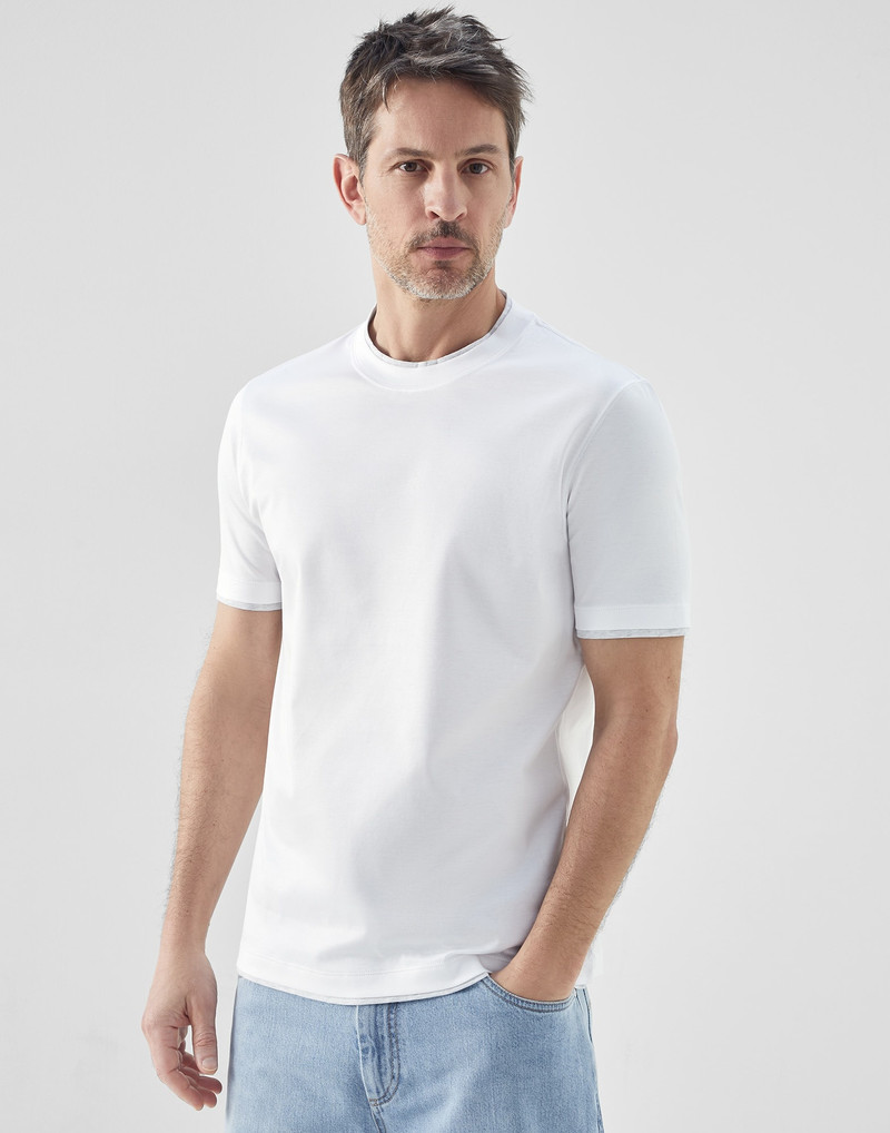 Cotton jersey round neck slim fit T-shirt with faux-layering - 1
