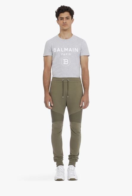 Olive green sustainable cotton sweatpants with white Balmain Paris logo - 4
