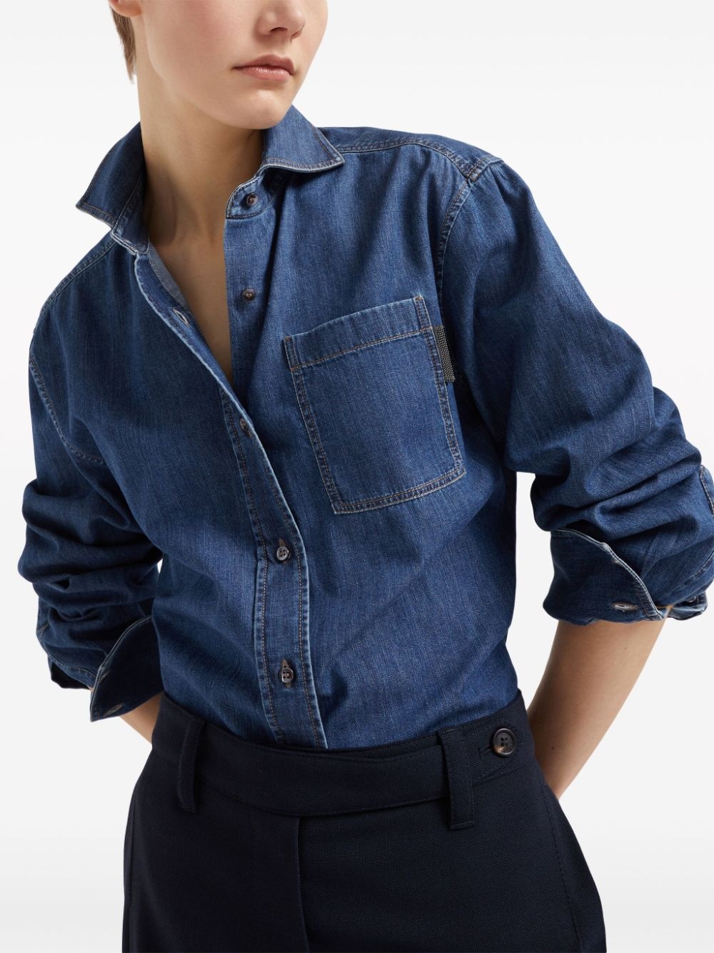 Monili-detail buttoned denim shirt - 5