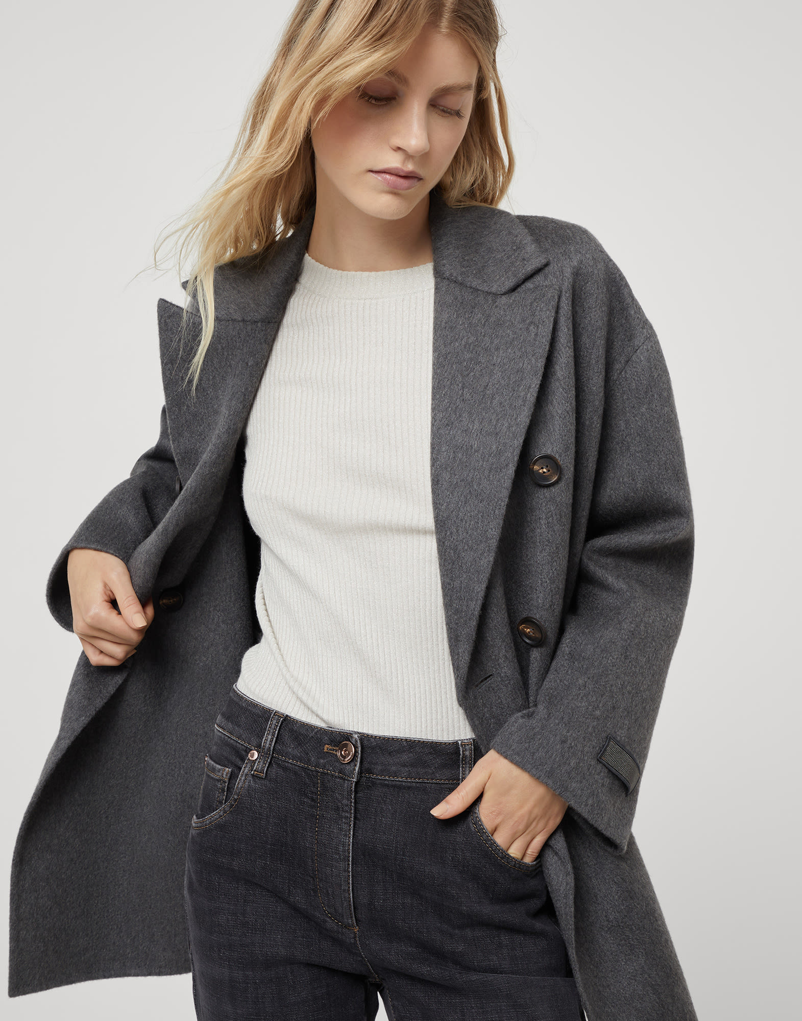 Cashmere double beaver cloth pea coat with precious patch - 4