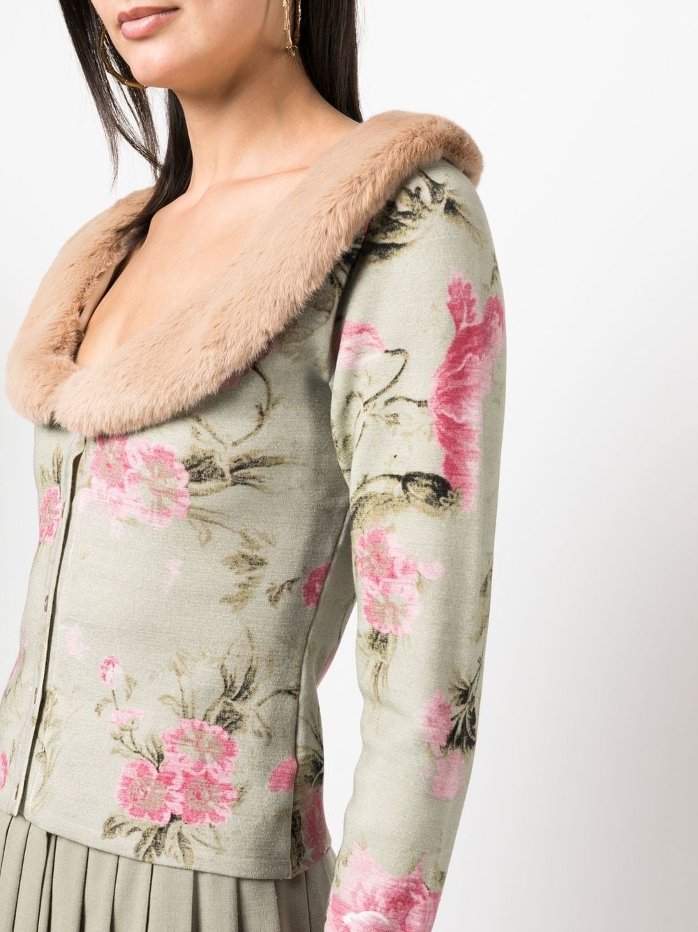 floral-print fur-trim cardigan - 5