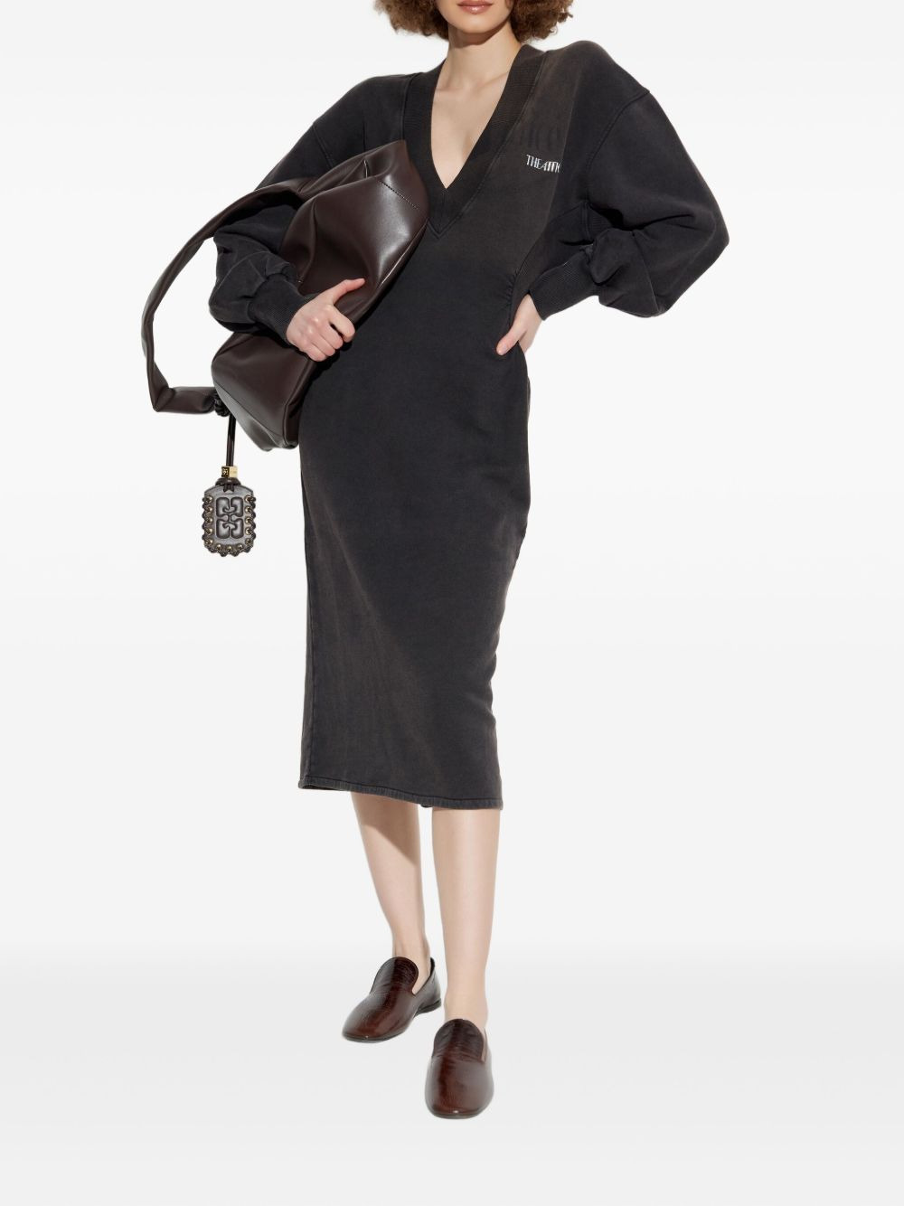V-neck balloon-sleeve midi dress - 2