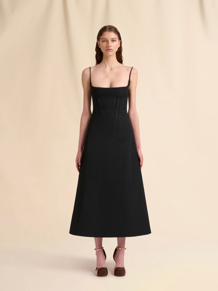 BLACK BONDED POPLIN A-LINE DRESS WITH DARTS - 2