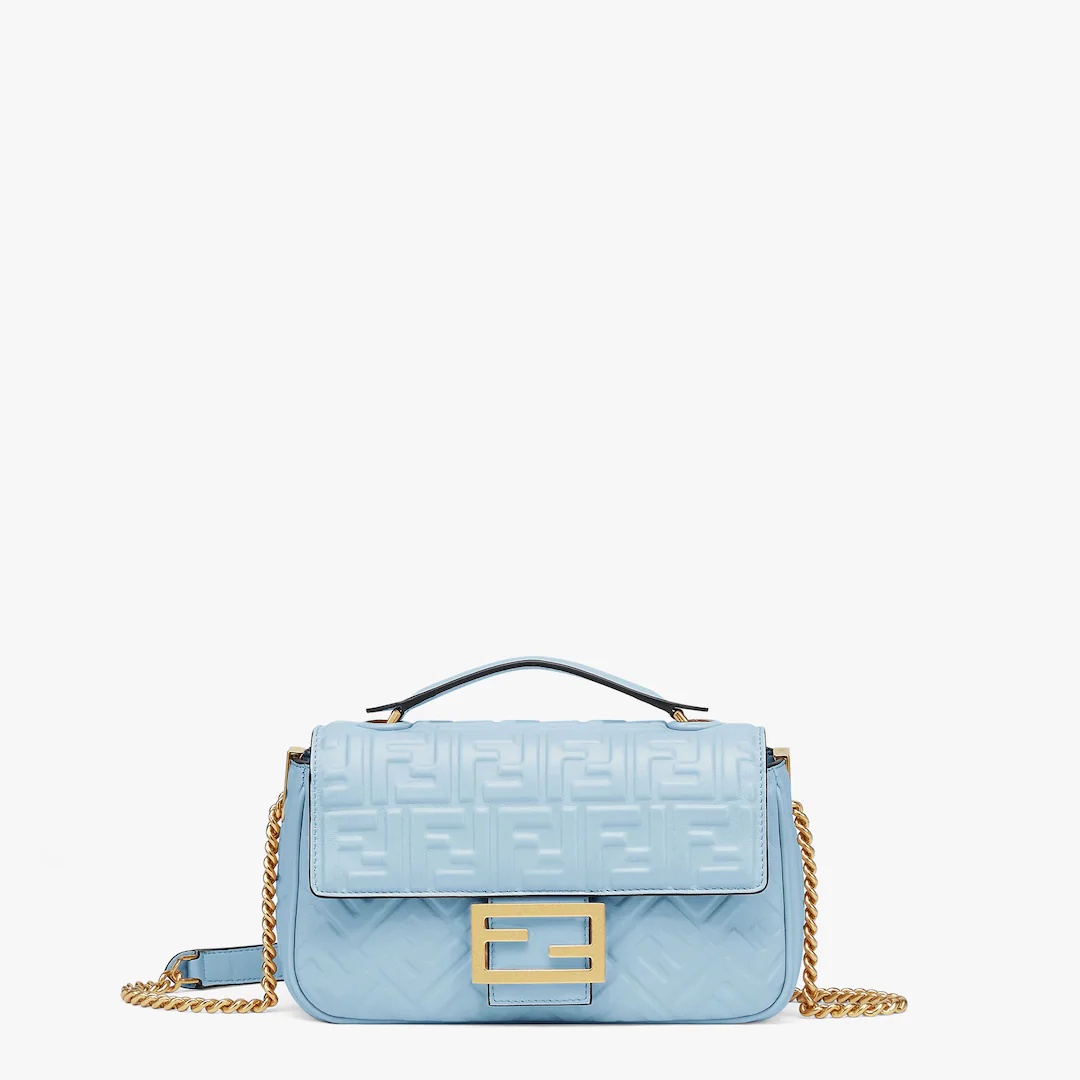 Iconic medium Baguette bag with chain, made of light blue soft nappa leather with a 3D texture FF mo - 1