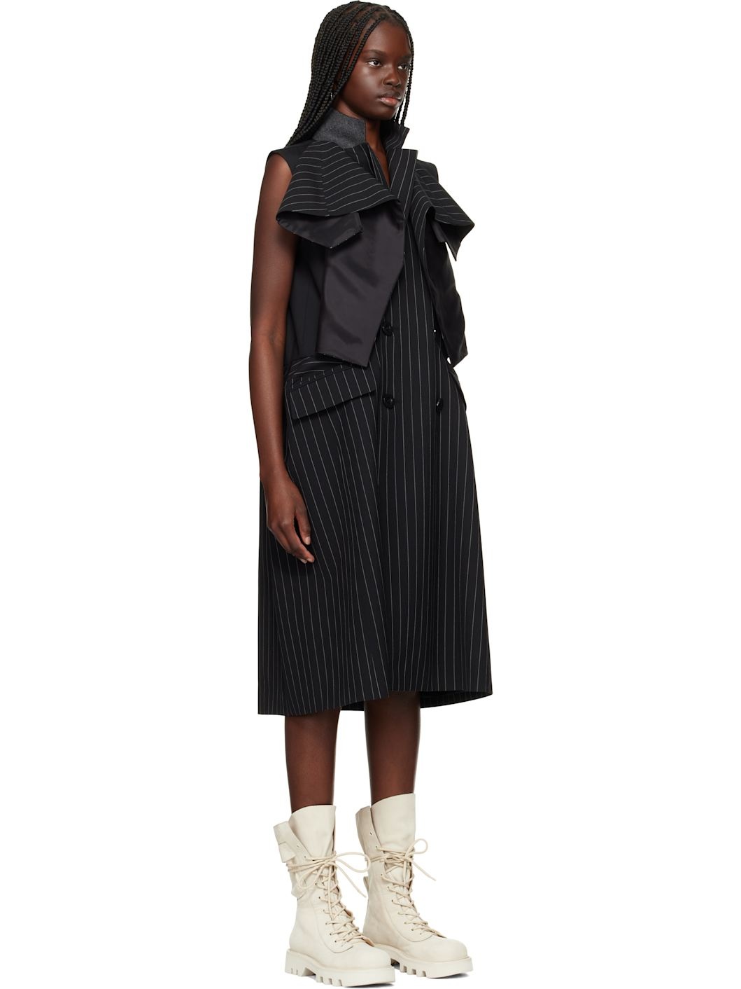 Black Wool Silk Suiting Midi Dress - 2