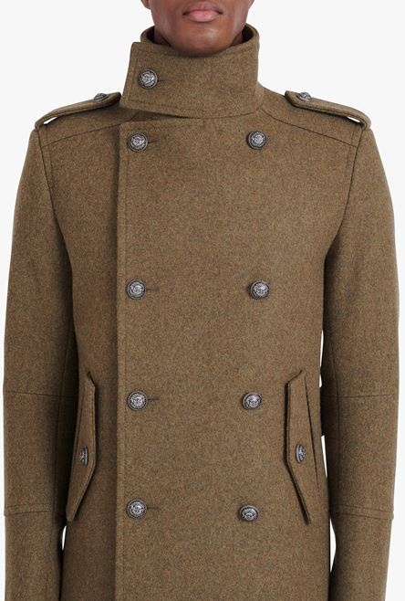 Light khaki wool military pea coat with double-breasted silver-tone buttoned fastening - 6