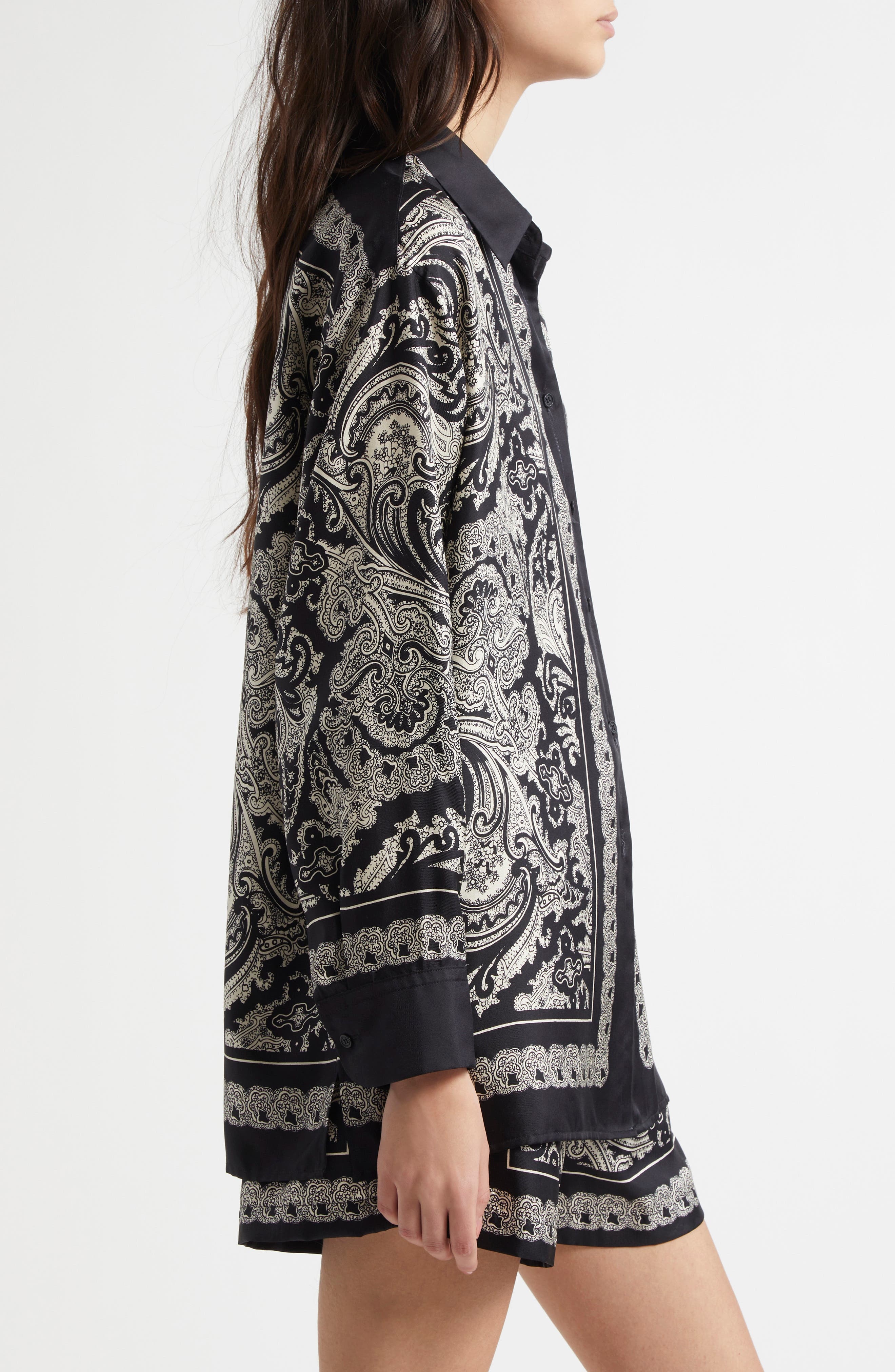 Nili Lotan Alfie Print Silk Shirt in Black/Ivory Paisley Scarf at Nordstrom - 4