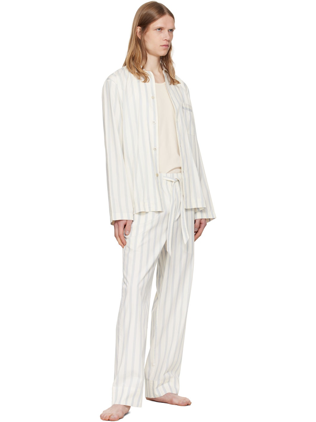 Off-White & Navy Poplin Long-Sleeved Pyjama Shirt - 4
