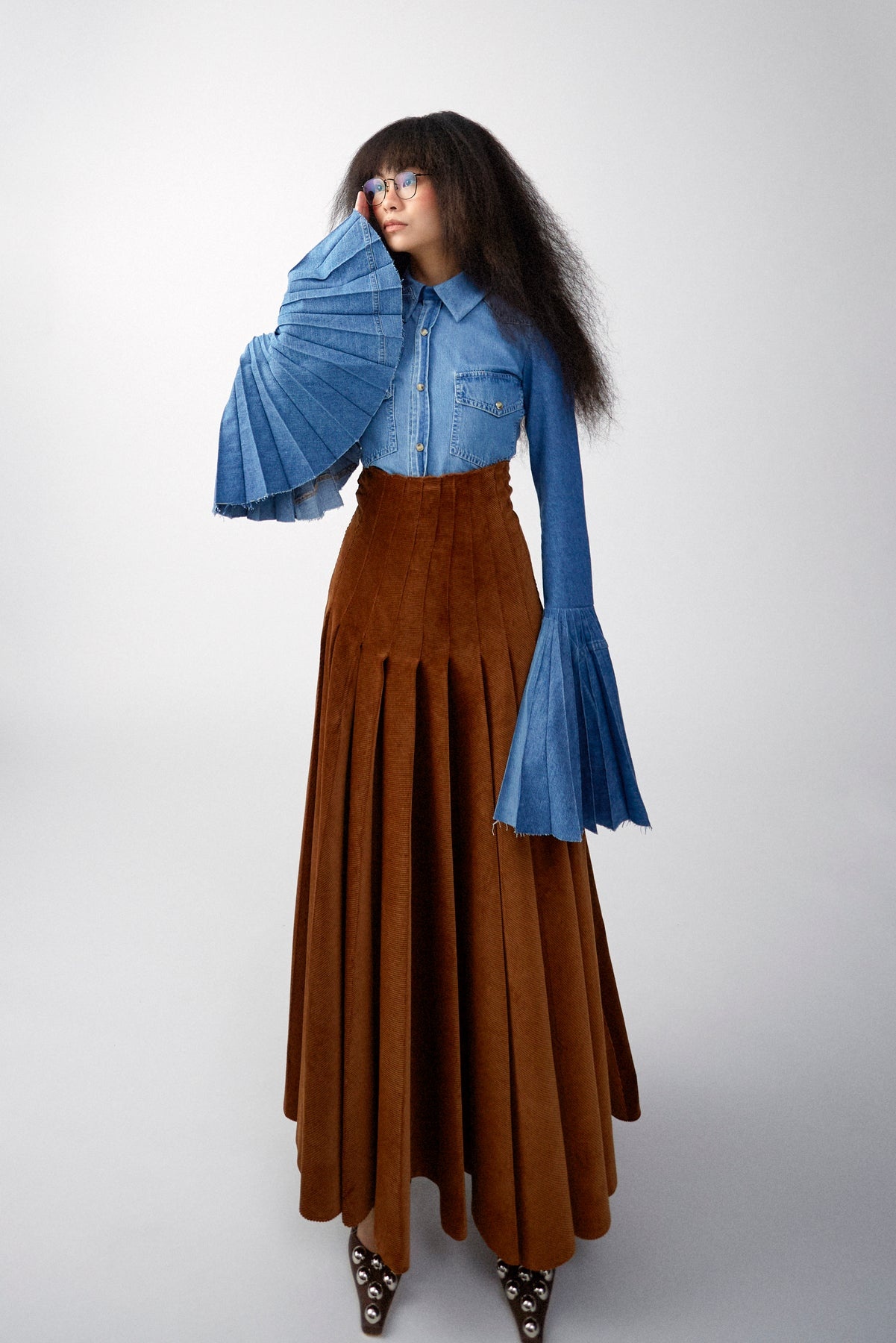 RECYCLED DENIM SHIRT WITH PLEATED BELL SLEEVES BLUE - 16