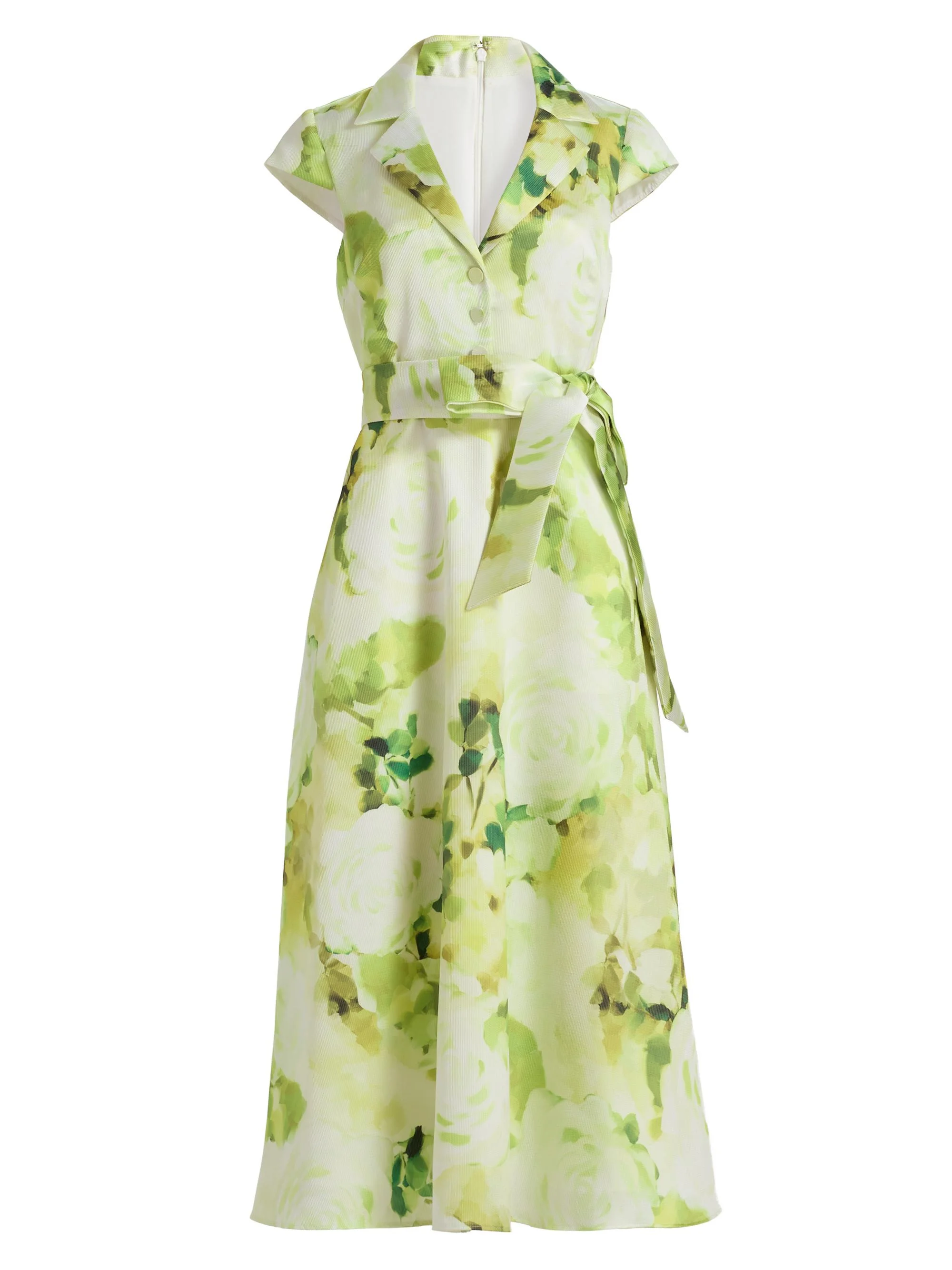 Women's Belted Floral A-Line Midi-Dress - Lime - 1