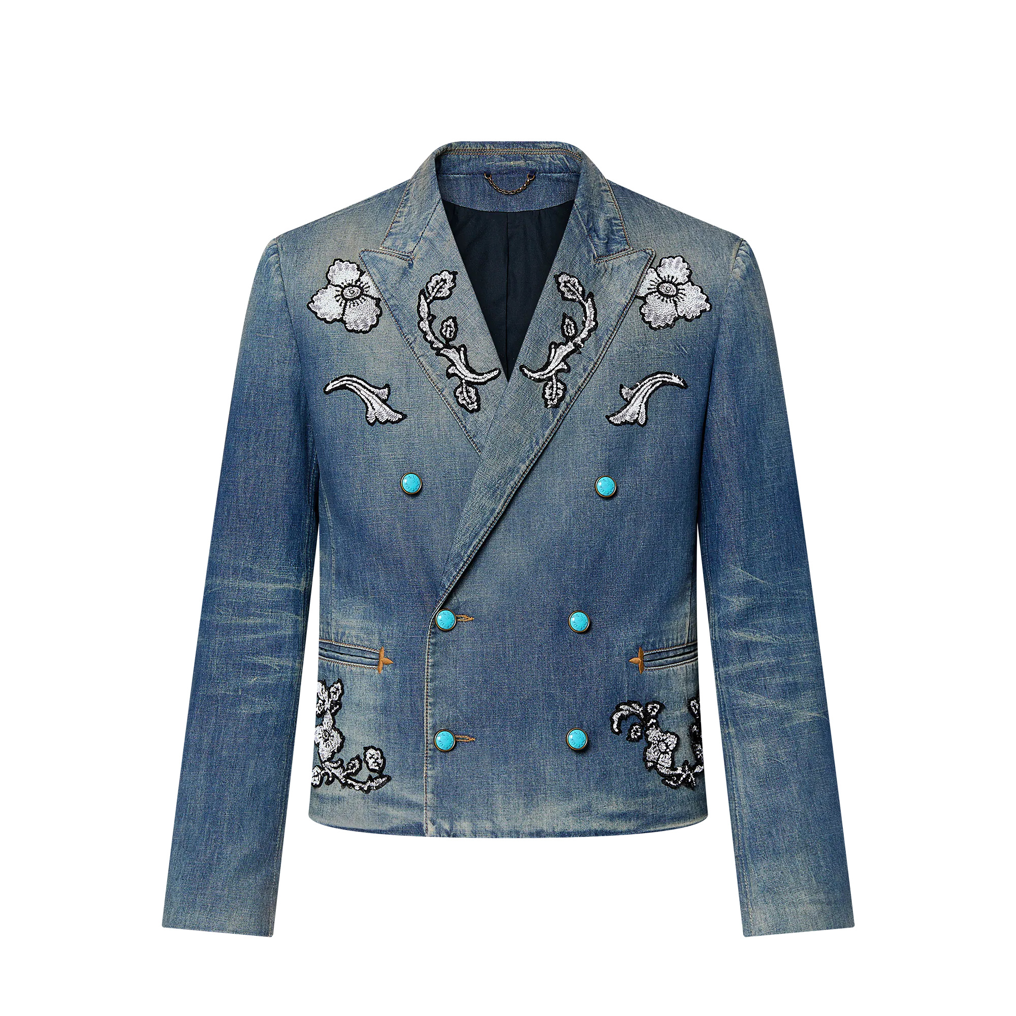 Embroidered Double-Breasted Cotton Chambray Jacket - 1