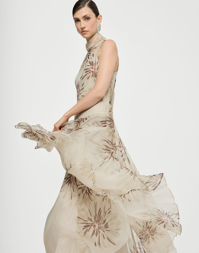 Bloom print silk organza dress with monili 5